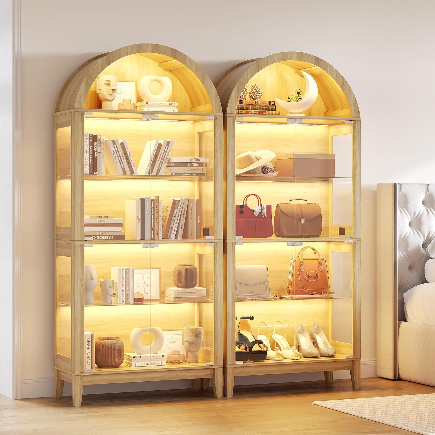 HNEBC Arched Book Shelf with Glass Doors, LED Bookcase with RGB Lights, 5 Tier Cabinet Has 9-Cube Storage, 69' Display Cabinet for Music-Synced Lighting Living Room,Bedroom (Natural)
