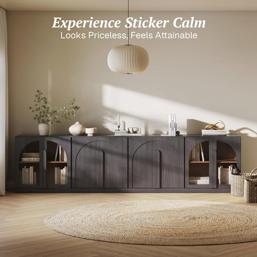 BELLEZE 4-Piece Modular Sideboard Buffet Cabinet, Set of 2 Arched Wood Door Cabinet and Glass Door Storage with Adjustable Shelf, Large Console Credenza for Living Room Kitchen, Ebony