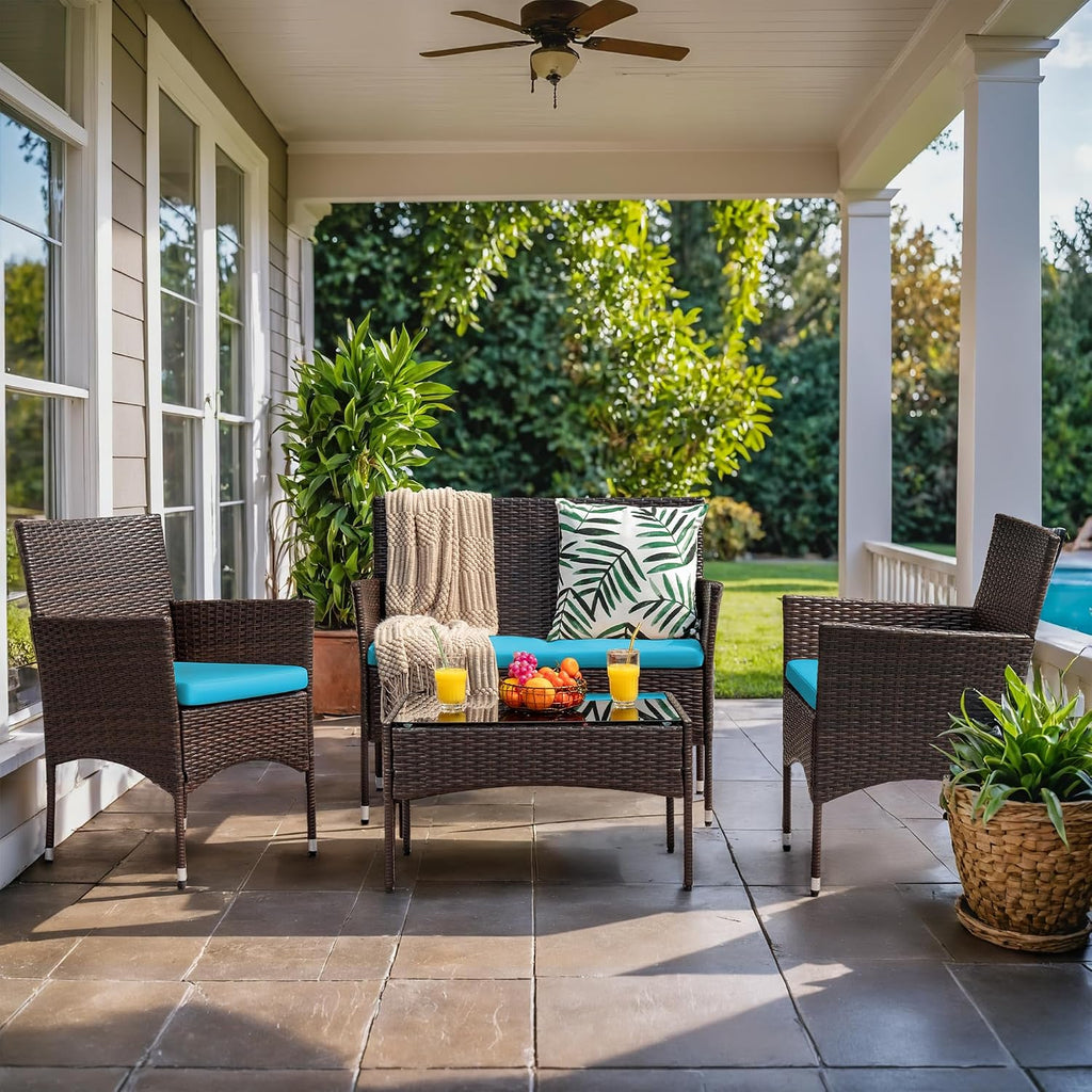 Homall 4 Pieces Patio Rattan Chair Wicker, Outdoor Indoor Use Backyard Porch Garden Poolside Balcony Furniture Sets (Blue)
