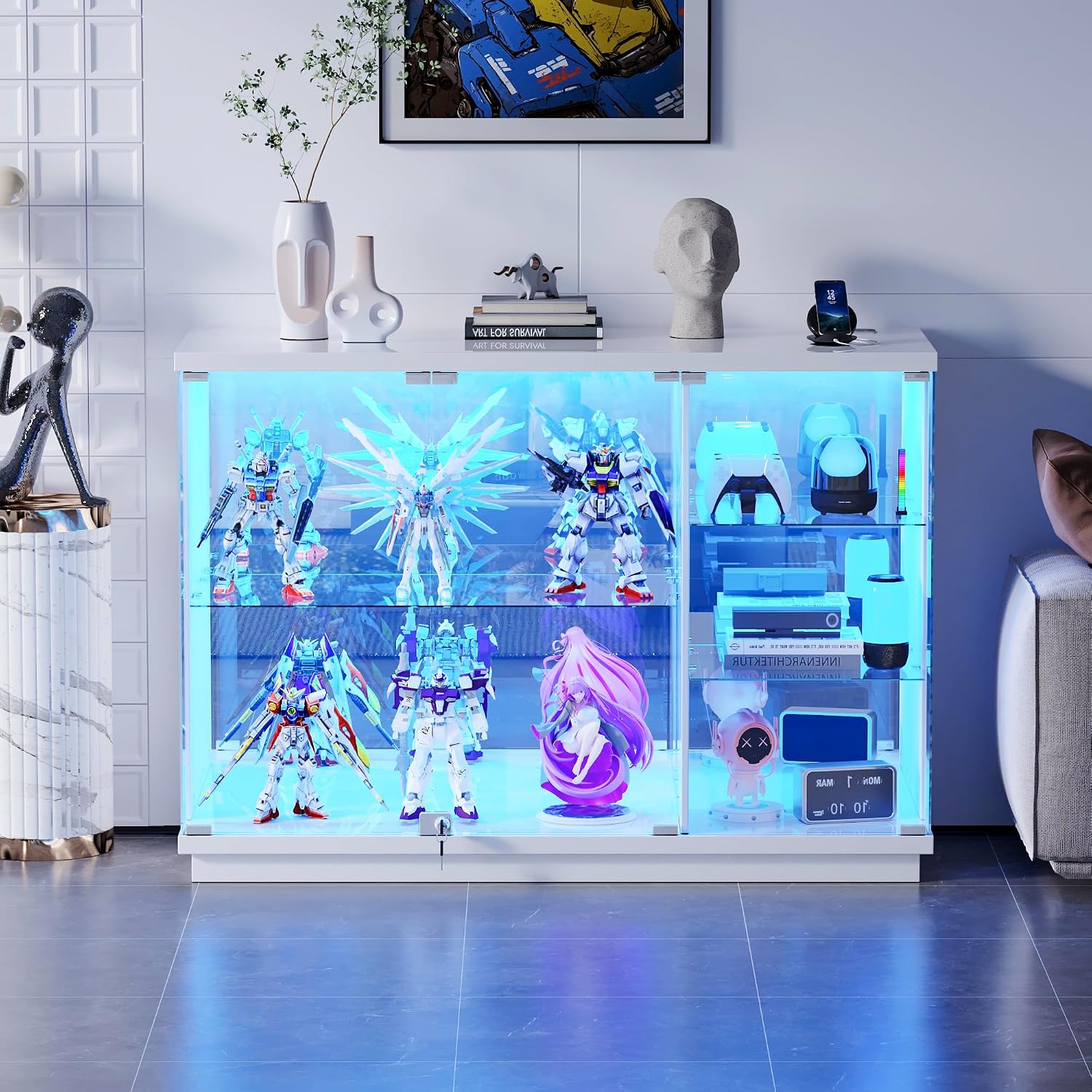 Lvifur High Gloss Display Cabinet - with Lock & LED Light, Curio Cabinet with Human Body Sensor & Glass Shelves for Toys, Books, Collectibles, Liquor, Bookcase for Living Room, Kitchen, Study, White