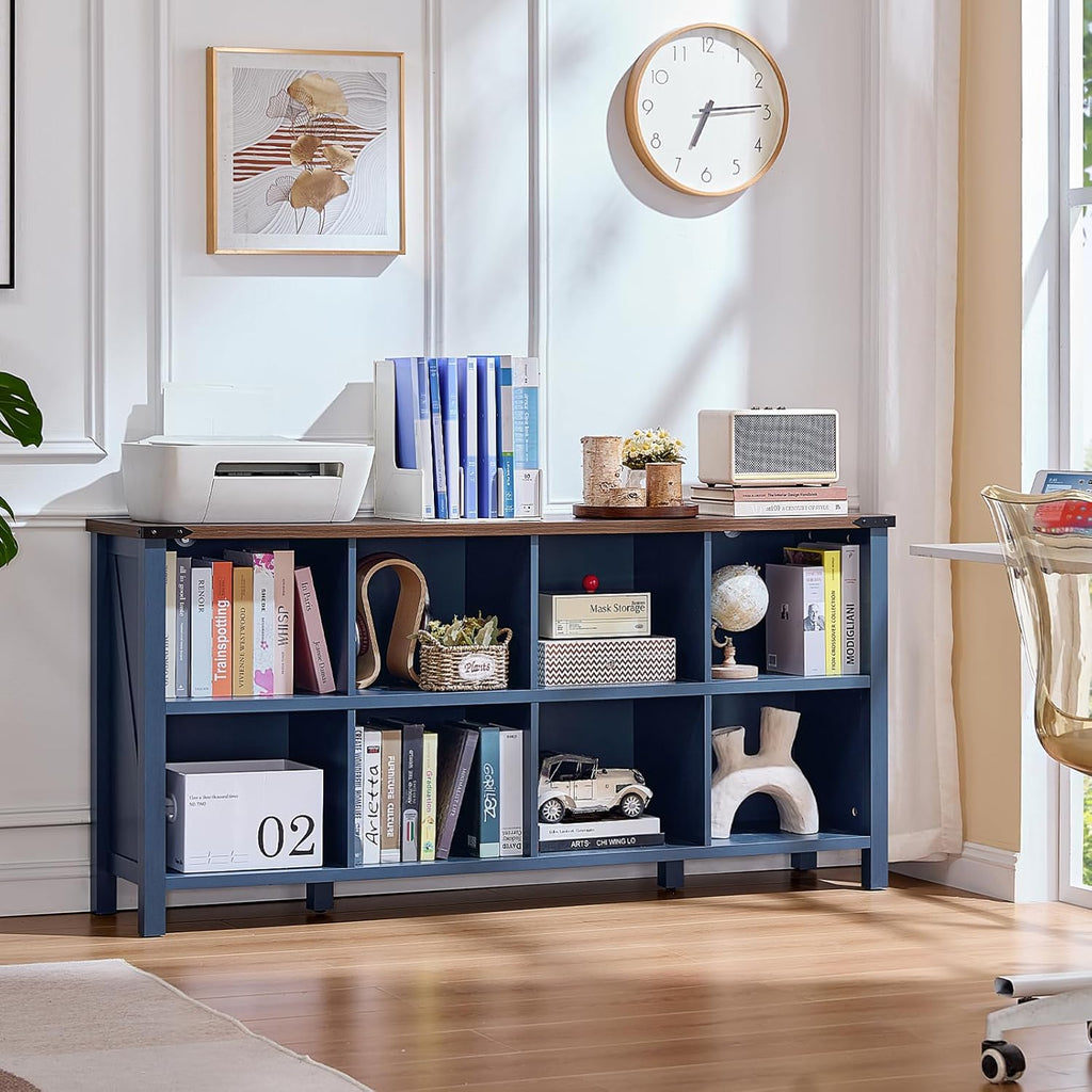 Joaxswe 8 Cube Book Shelf, Farmhouse Wood Long Storage Organizer Bookcase, 62' Horizontal Navy Blue Console Closet Bookshelf, Hallway TV Stand for Entryway, Display Cabinet Book Case for Living Room