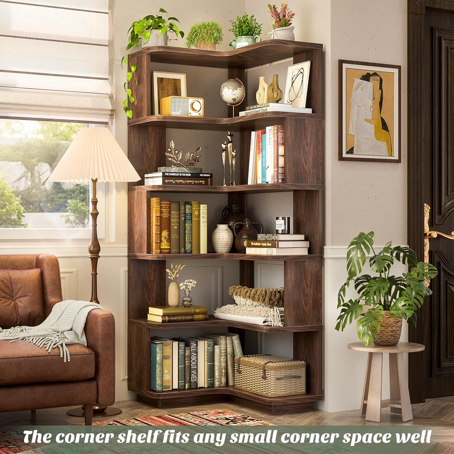 Armocity Corner Book Shelf - 6-Shelf Corner Bookshelf Etagere Bookcase with Baffle, Freestanding L Shaped Display Shelf Stand for Home Office, Living Room, Bedroom, Kitchen, Black Walnut