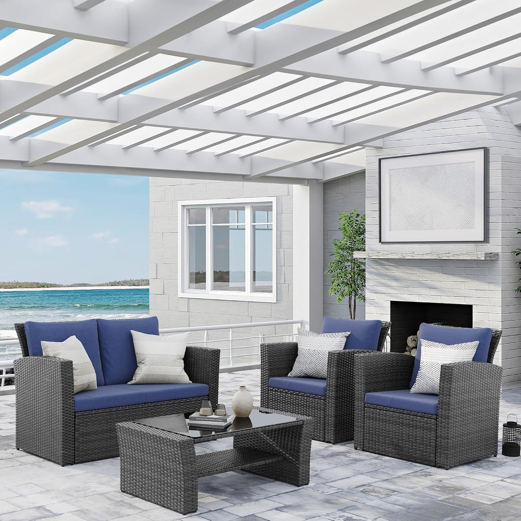 Wisteria Lane Patio Furniture Set, Wicker Outside Outdoor Furniture for All Weather, Patio Sofa with High Backrest Support and Wide Armrest for Backyard, Balcony, Deck, Porch, Blue