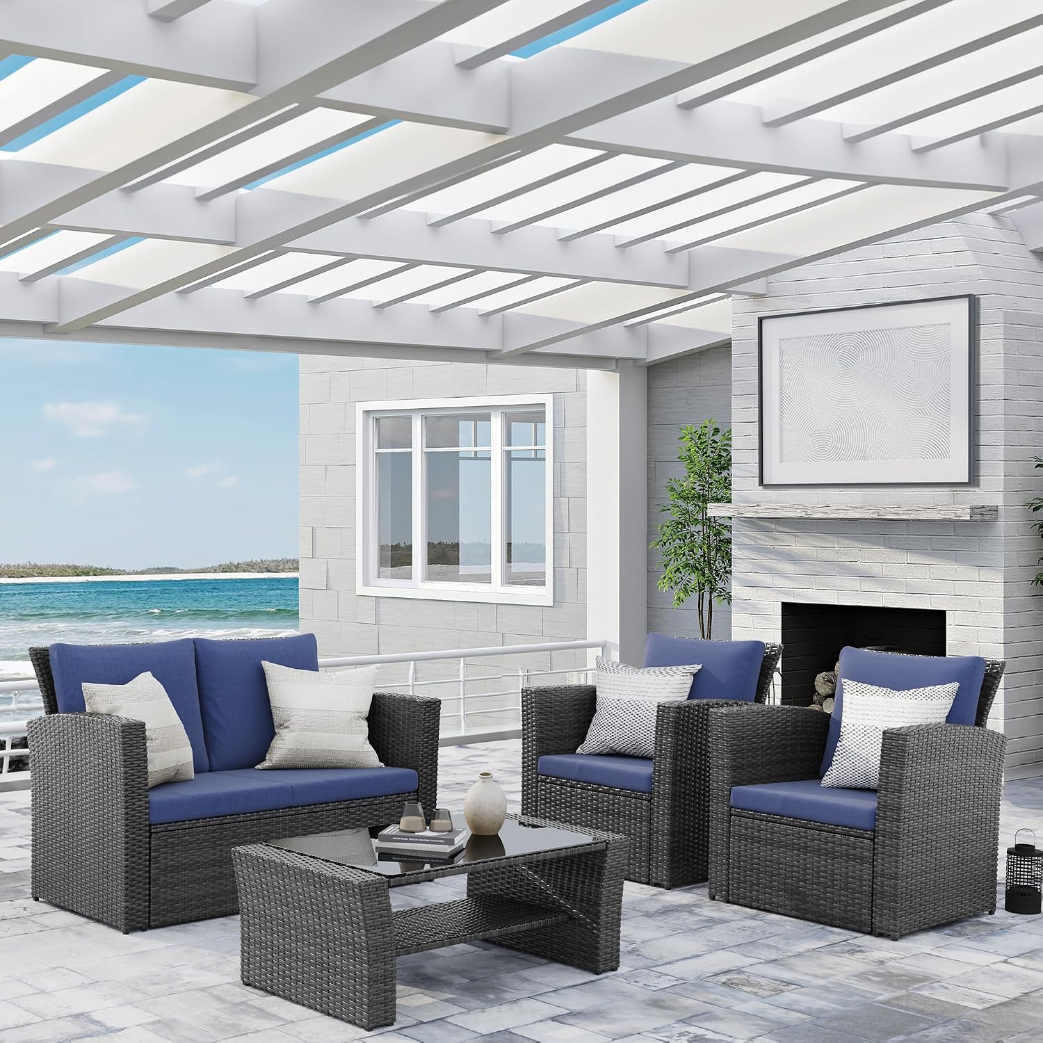 Wisteria Lane Patio Furniture Set, Wicker Outside Outdoor Furniture for All Weather, Patio Sofa with High Backrest Support and Wide Armrest for Backyard, Balcony, Deck, Porch, Blue