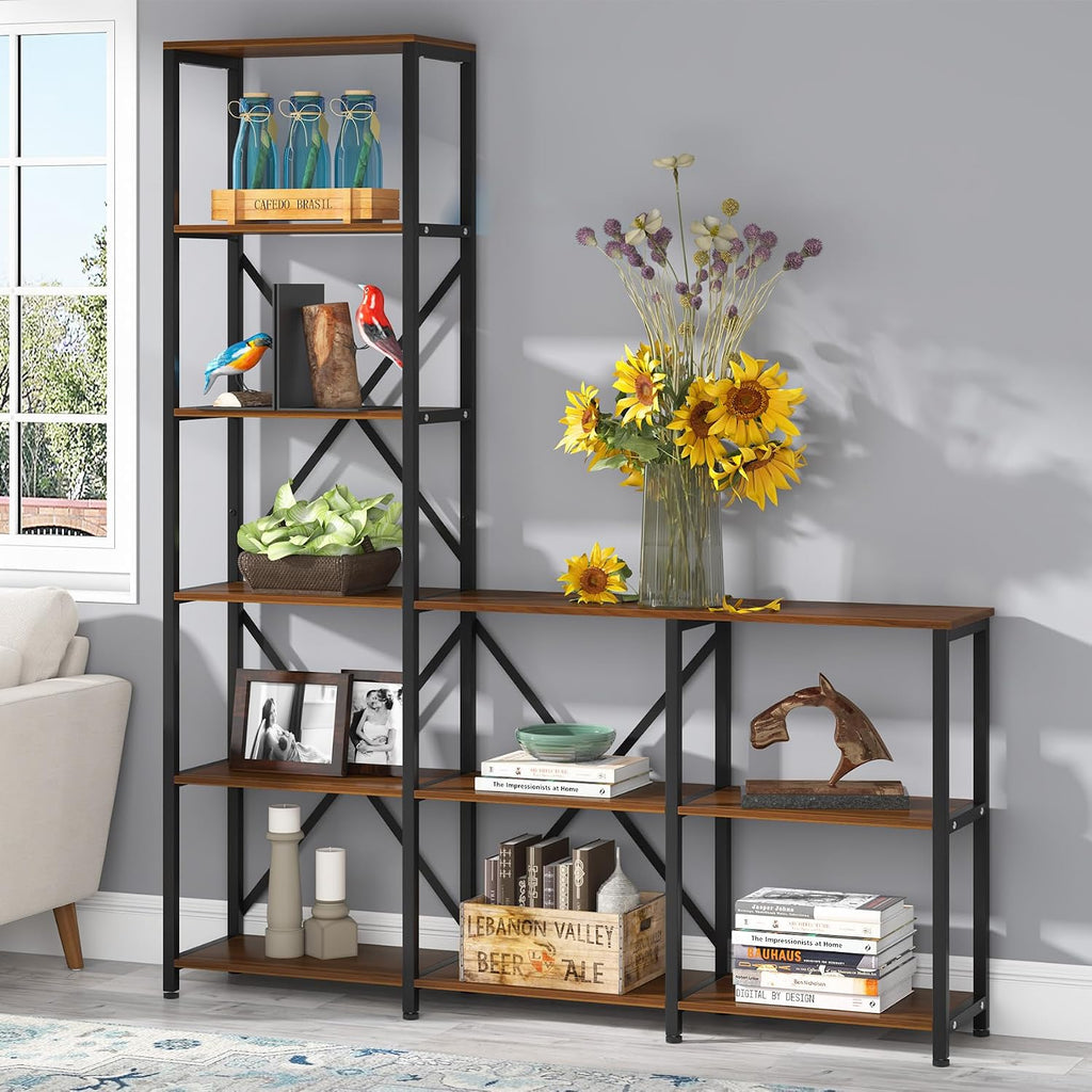 Tribesigns Modern 9 Shelves Bookshelves, Industrial Stepped Ladder Corner Etagere Bookcase, Rustic 6-Tier Display Open Shelf Storage Organizer for Living Room