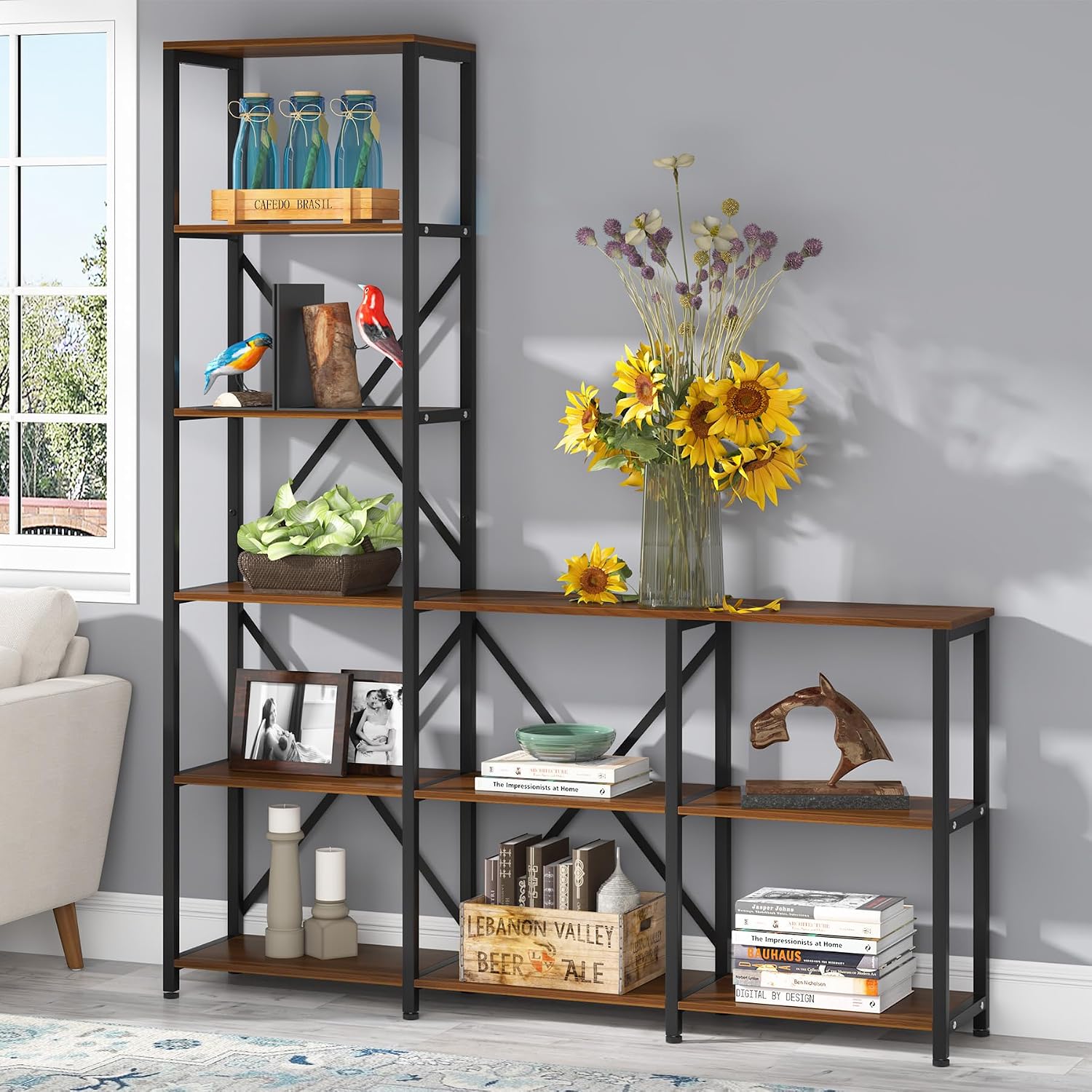 Tribesigns Modern 9 Shelves Bookshelves, Industrial Stepped Ladder Corner Etagere Bookcase, Rustic 6-Tier Display Open Shelf Storage Organizer for Living Room
