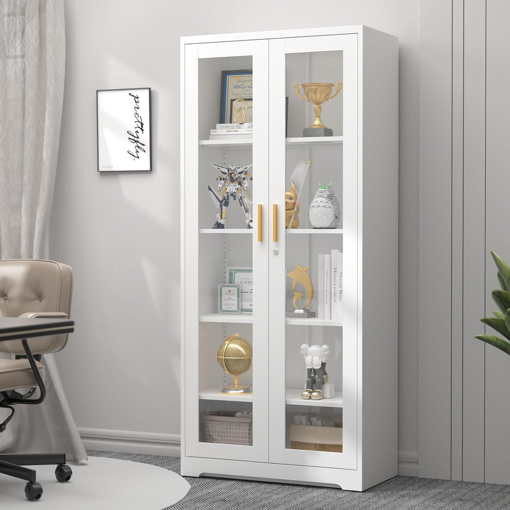 SteeLoong 71' Glass Display Cabinet with Lock,Curio Cabinet with Glass Doors, Metal Display Case with 4 Adjustable Shelves, White Bookcase Locking Storage Cabinets for,Liquor,Plant,Commercial