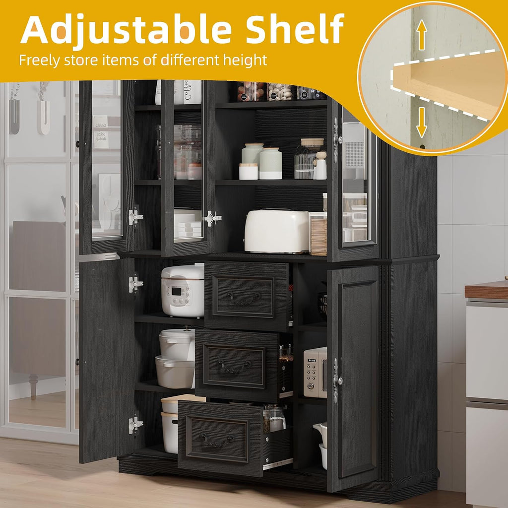 DWVO Large Storage Cabinet, 72' Tall Kitchen Pantry with Glass Doors, Freestanding Glass Display Cabinets with Adjustable Shelves & Drawers, Food China Hutch for Dining Room, Living Room, Black