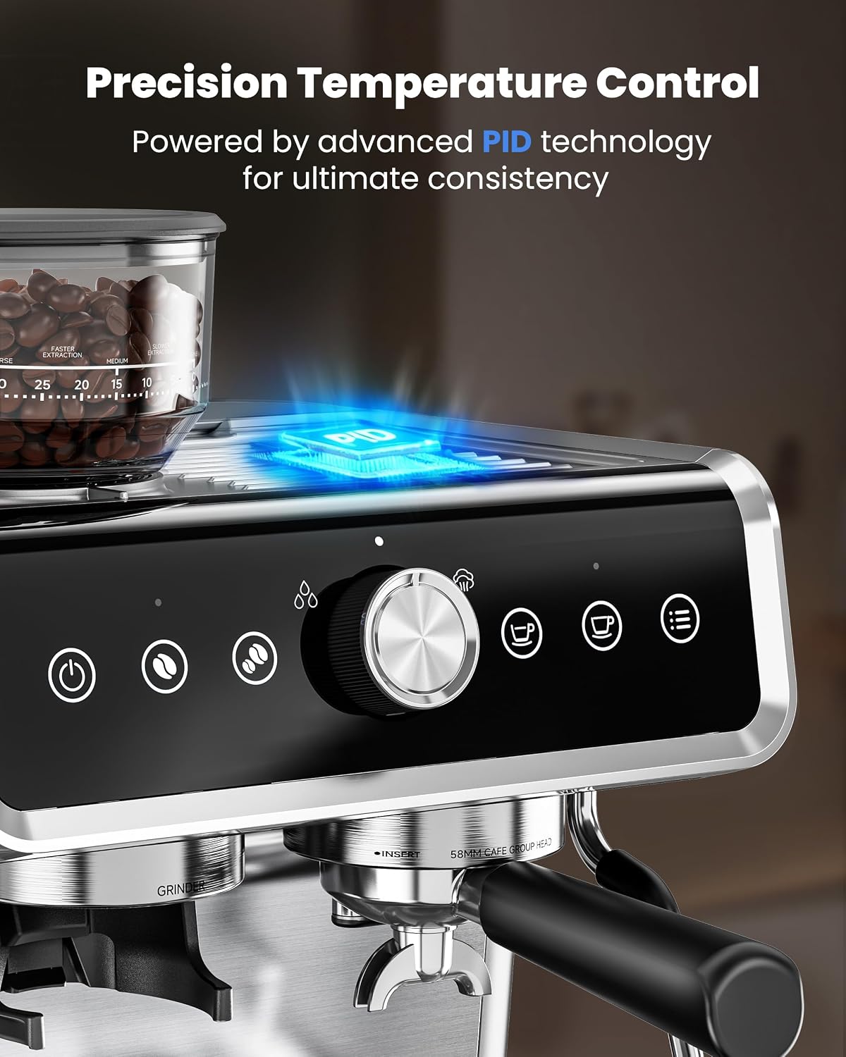 Coffee Maker with Grinder, 30 Settings & 20 Bar Pump, Espresso Machine with 58mm Portafilter & Milk Frother for Cappuccino or Latte