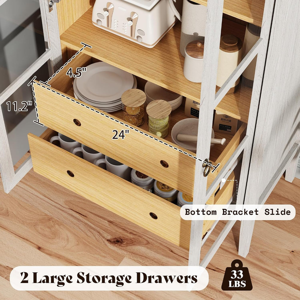 AMERLIFE Set of 2 71' Tall Arched Storage Cabinet with Glass Doors & Drawers, Modern Bookshelf with Adjustable Shelves, Elegant Display Cabinet for Living Room, Kitchen, White