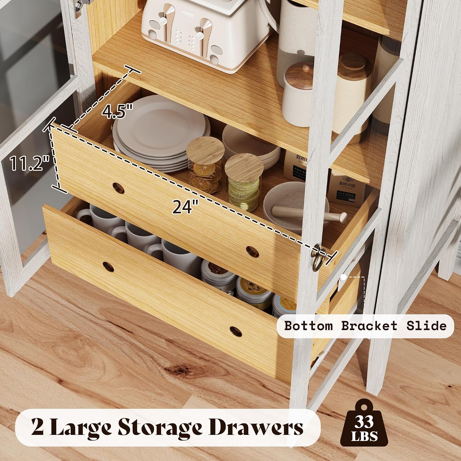 AMERLIFE Set of 2 71' Tall Arched Storage Cabinet with Glass Doors & Drawers, Modern Bookshelf with Adjustable Shelves, Elegant Display Cabinet for Living Room, Kitchen, White