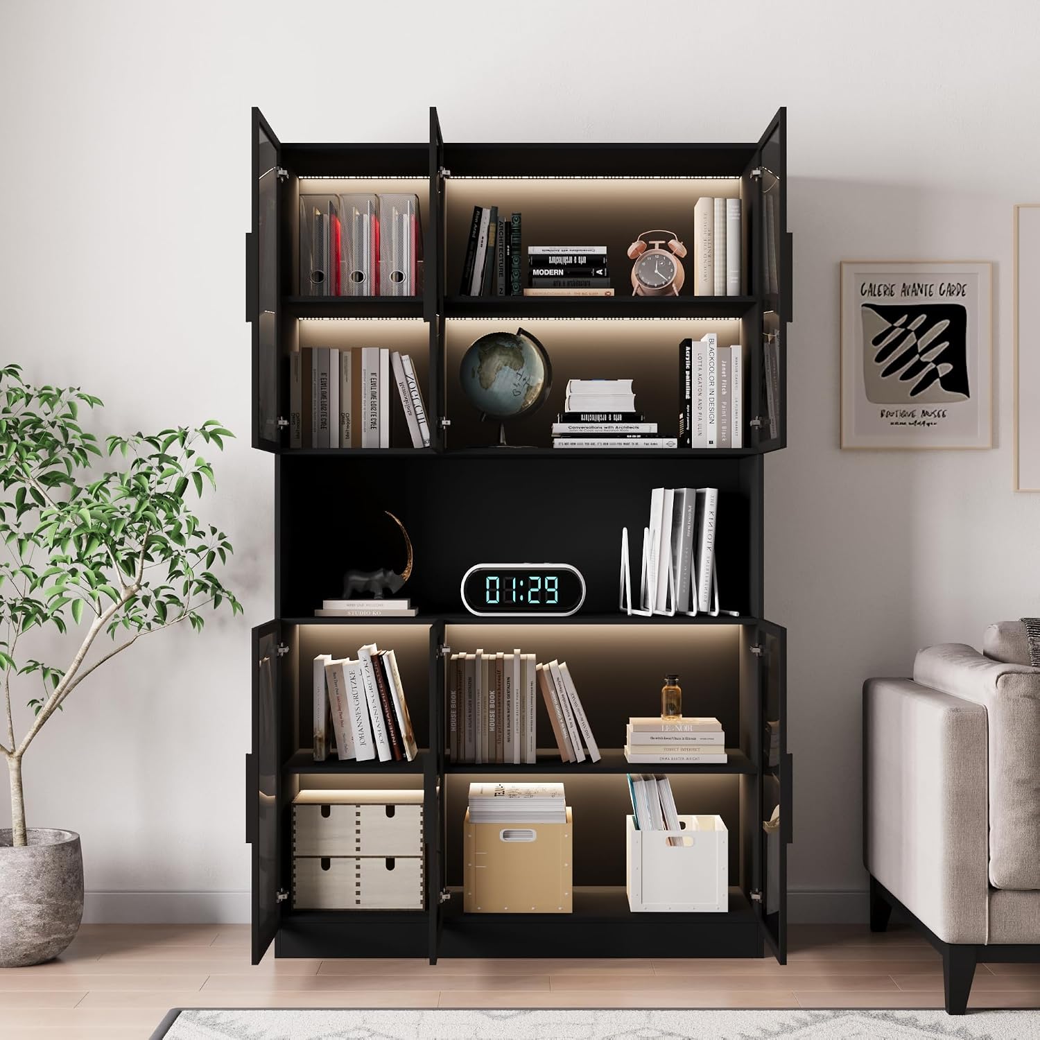 Bobve 78.7' H Display Cabinet with 6 Glass Doors and APP Control LED Lights,Storage Cabinets Modern Bookcase with Hutch for Collectible,Display Case Trophy Case,Black