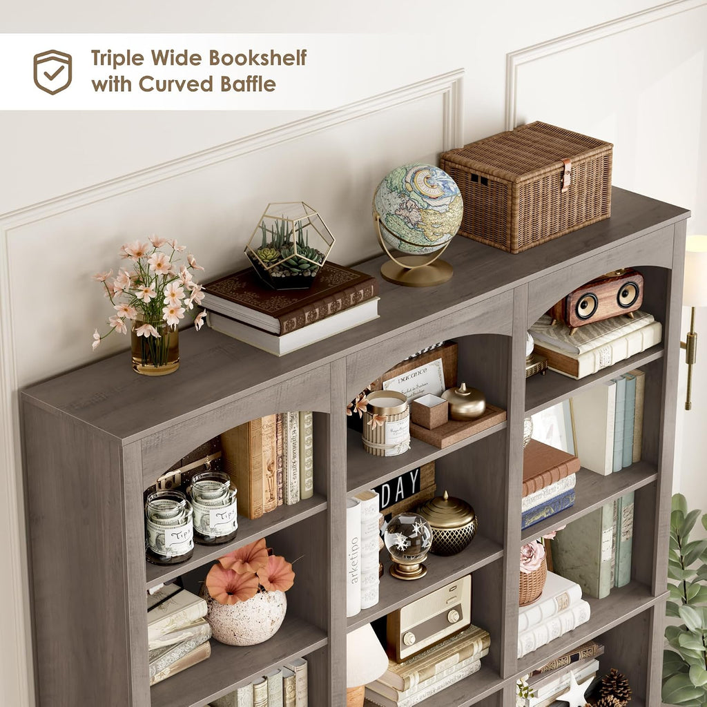 FACBOTALL 71' Triple Wide Bookshelf, 6 Tier Tall Bookshelf, Large Bookcase with Curved Baffle, 63.4' Wide Book Shelf with 18 Open Display Shelves for Living Room, Study, Gray