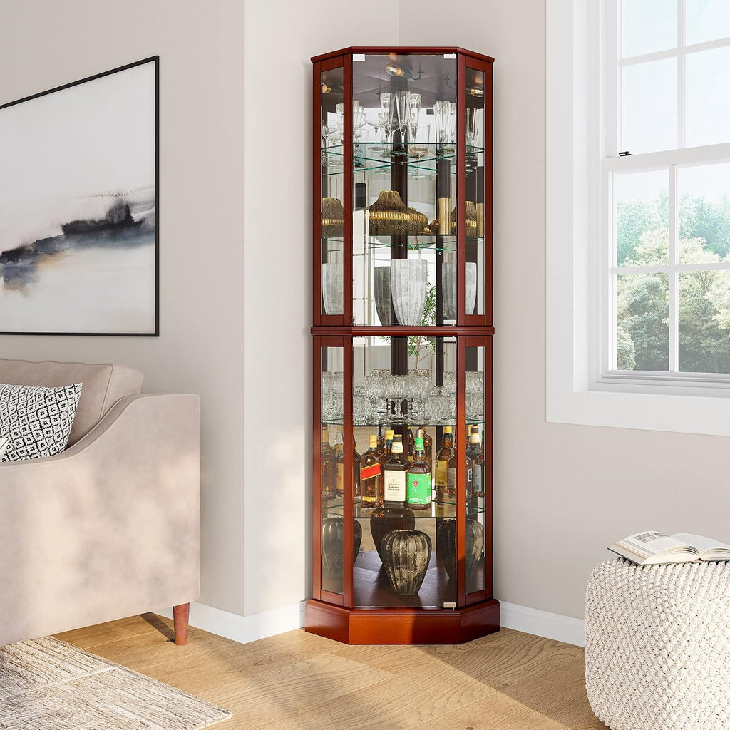 BELLEZE Lighted Corner Display Curio Cabinet,72' Tall Wooden Curved Shelving Unit with Tempered Glass Door, Bar and Liquor Storage Area with 6 Shelves - Ashfield (Walnut)