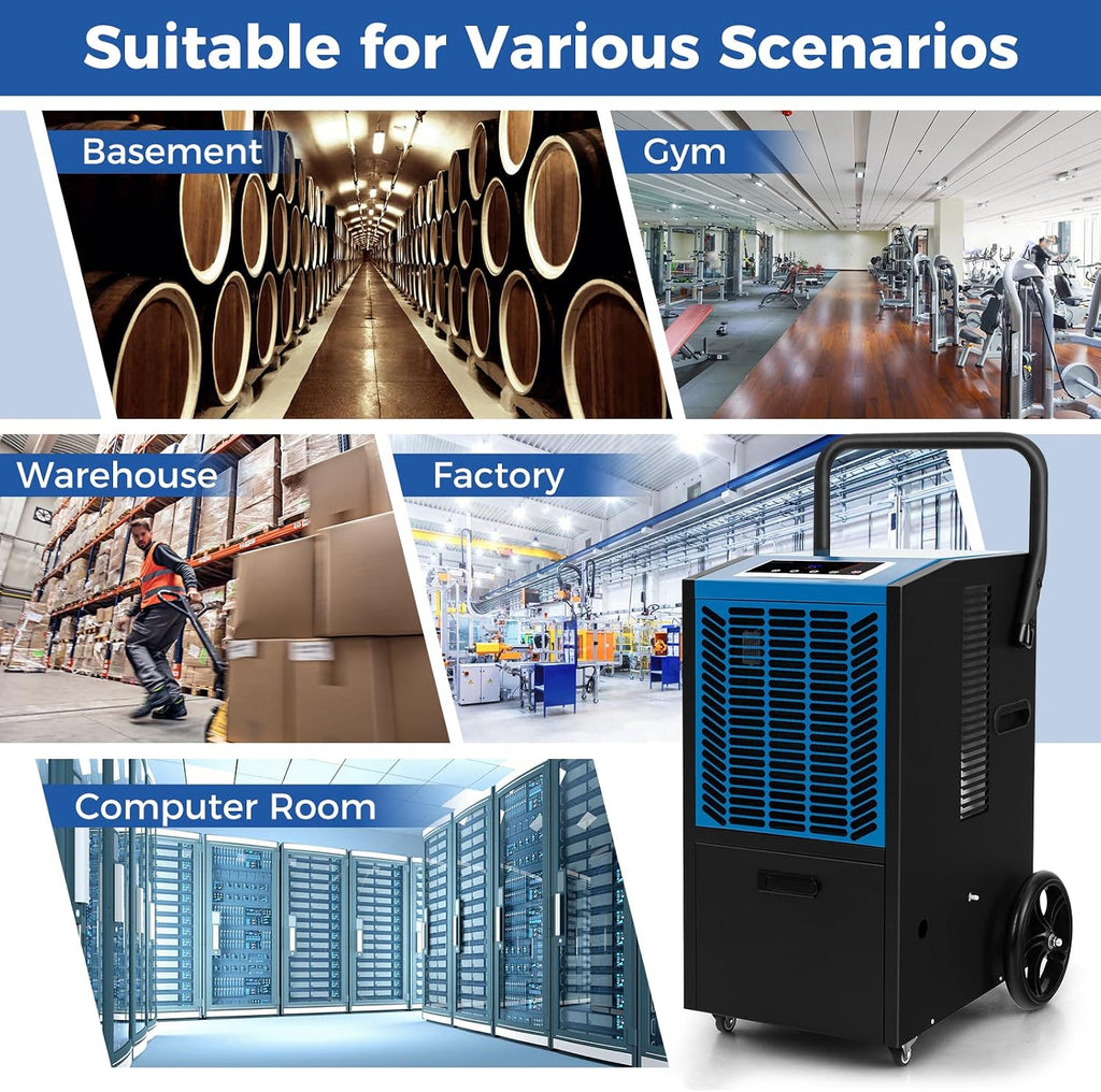 ARLIME 163 Pints Commercial Dehumidifier w/Pump & Drain Hose, Industrial Heavy Duty Portable Dehumidifier for Large Spaces, Basement, Warehouse, Water Damage Restoration, Up to 4500 Sq.Ft (Blue)