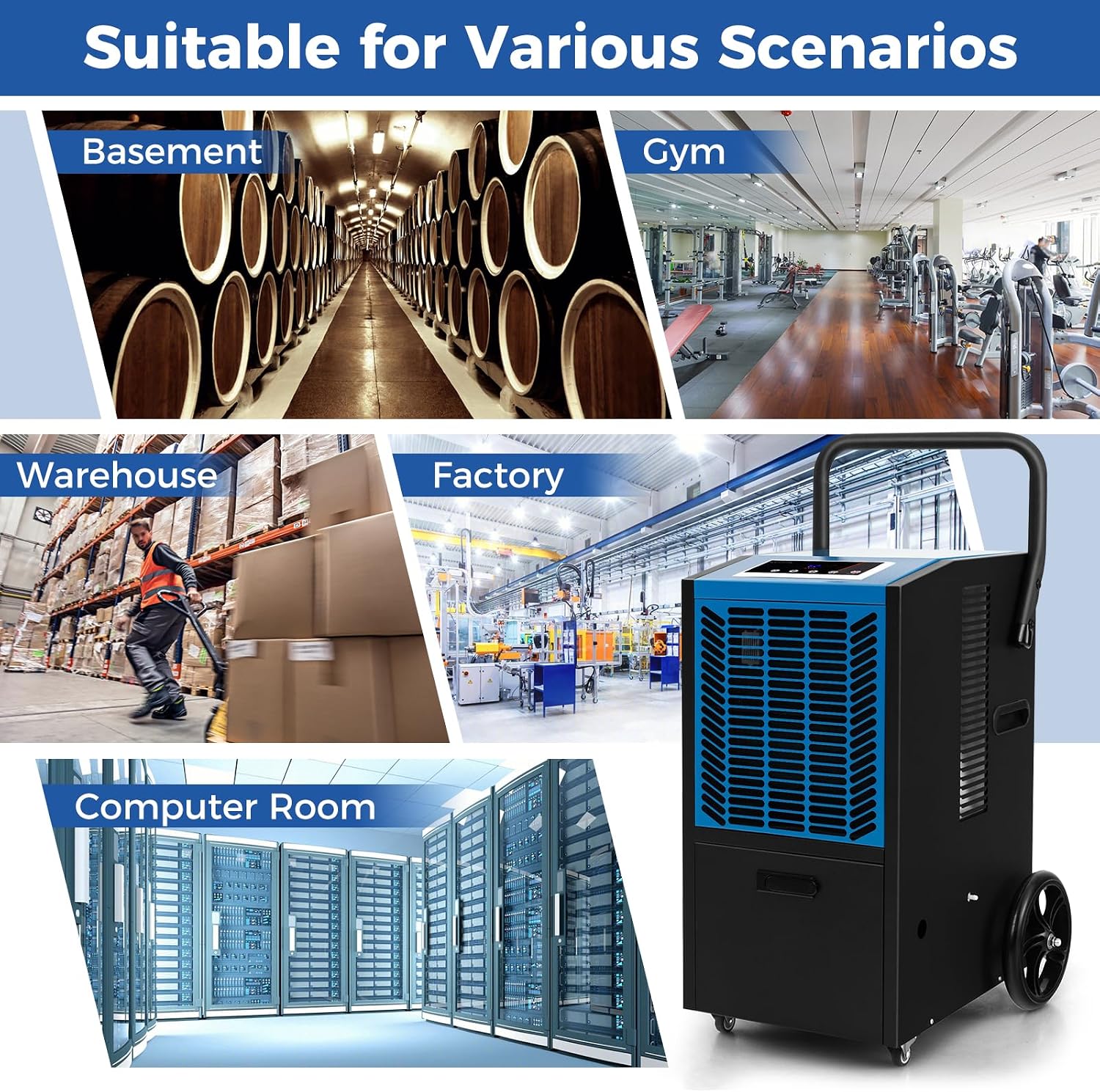 ARLIME 163 Pints Commercial Dehumidifier w/Pump & Drain Hose, Industrial Heavy Duty Portable Dehumidifier for Large Spaces, Basement, Warehouse, Water Damage Restoration, Up to 4500 Sq.Ft (Blue)