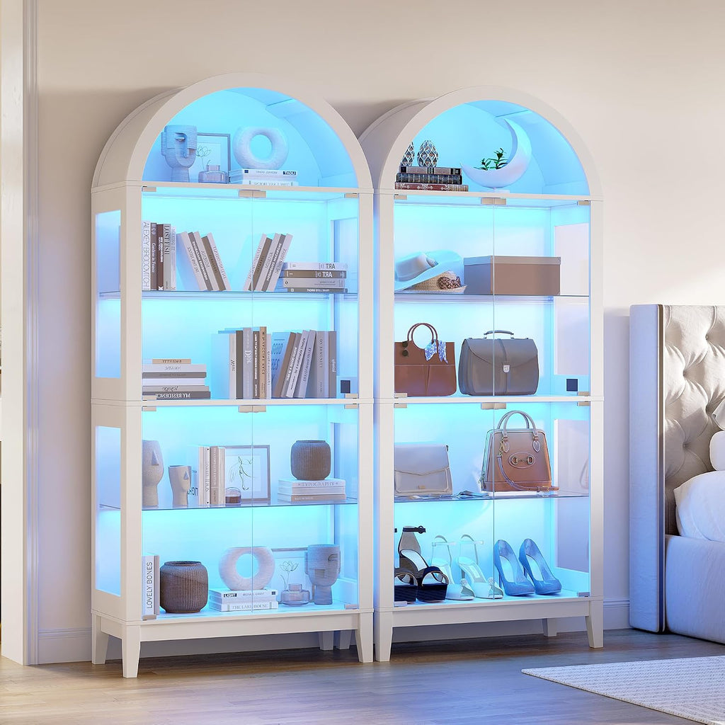 HNEBC Arched Book Shelf with Glass Doors, LED Bookcase with RGB Lights, 5 Tier Cabinet Has 9-Cube Storage, 69' Display Cabinet for Music-Synced Lighting Living Room,Bedroom(White)