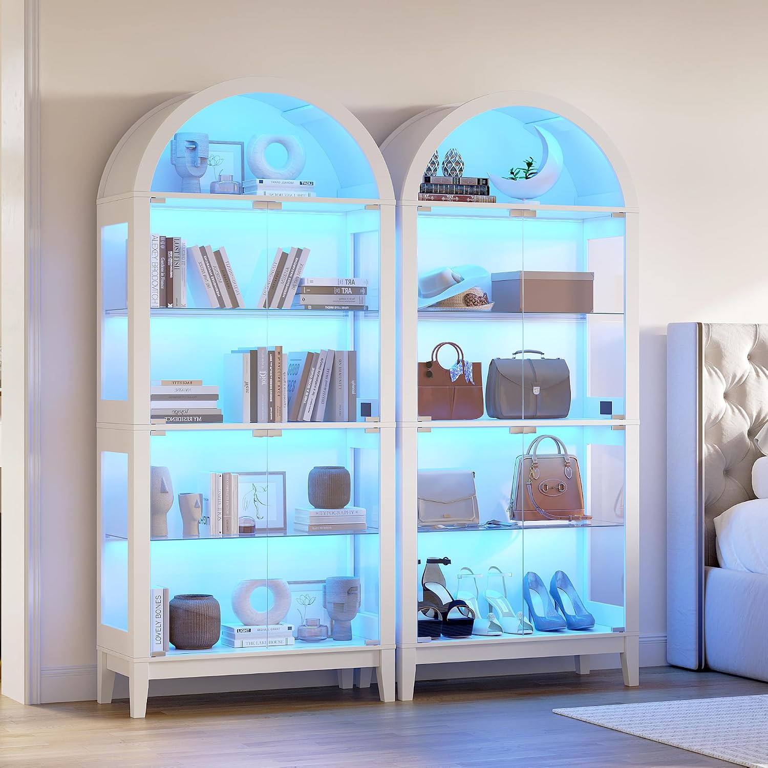 HNEBC Arched Book Shelf with Glass Doors, LED Bookcase with RGB Lights, 5 Tier Cabinet Has 9-Cube Storage, 69' Display Cabinet for Music-Synced Lighting Living Room,Bedroom(White)