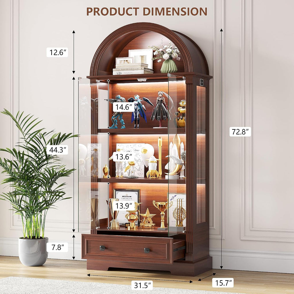 Dystler Curio Cabinet with Glass Doors, 72' Tall Arched Display Cabinet with Human Sensor Lights, 4-Tier Display Case for Collectibles Bookcase Living Room, Walnut