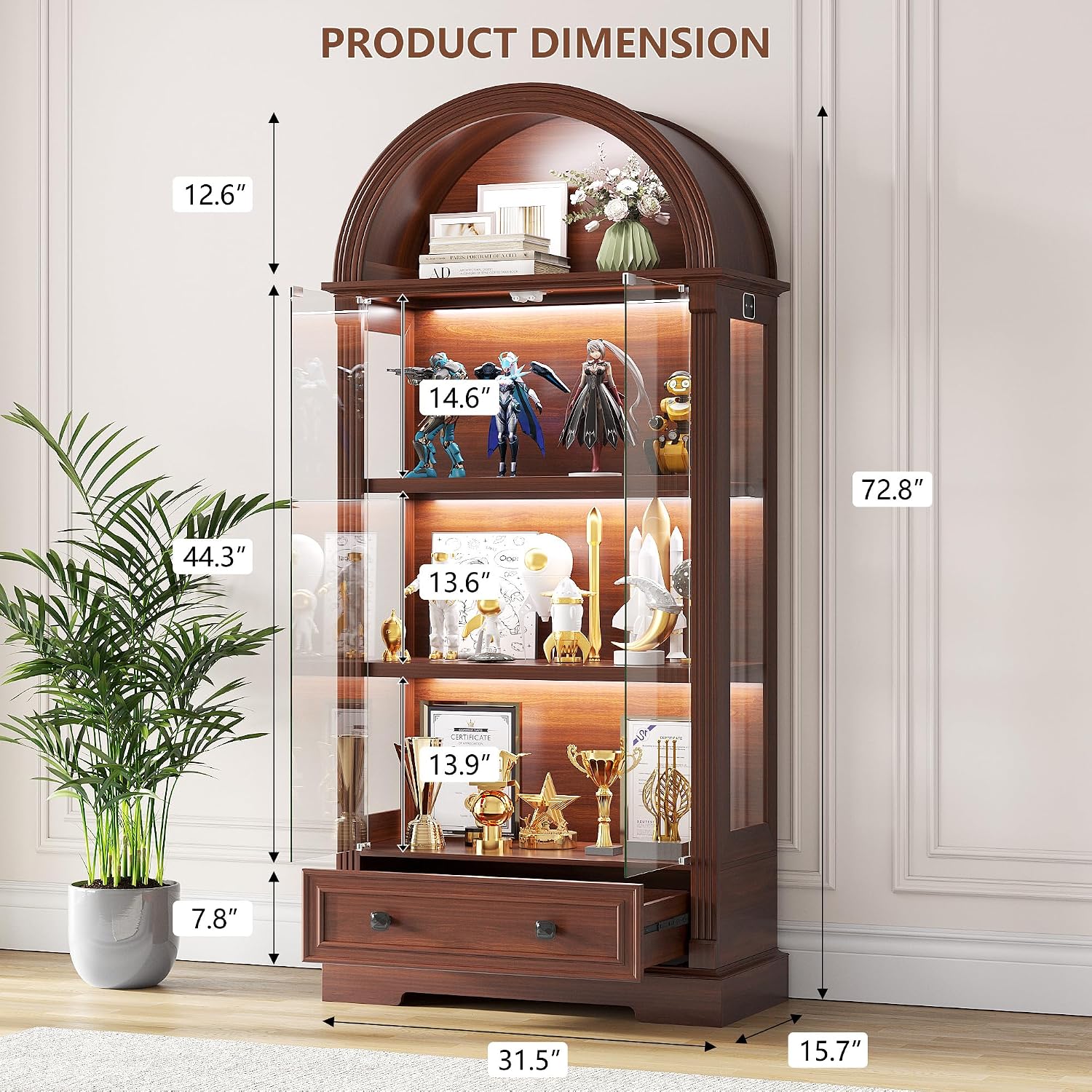 Dystler Curio Cabinet with Glass Doors, 72' Tall Arched Display Cabinet with Human Sensor Lights, 4-Tier Display Case for Collectibles Bookcase Living Room, Walnut