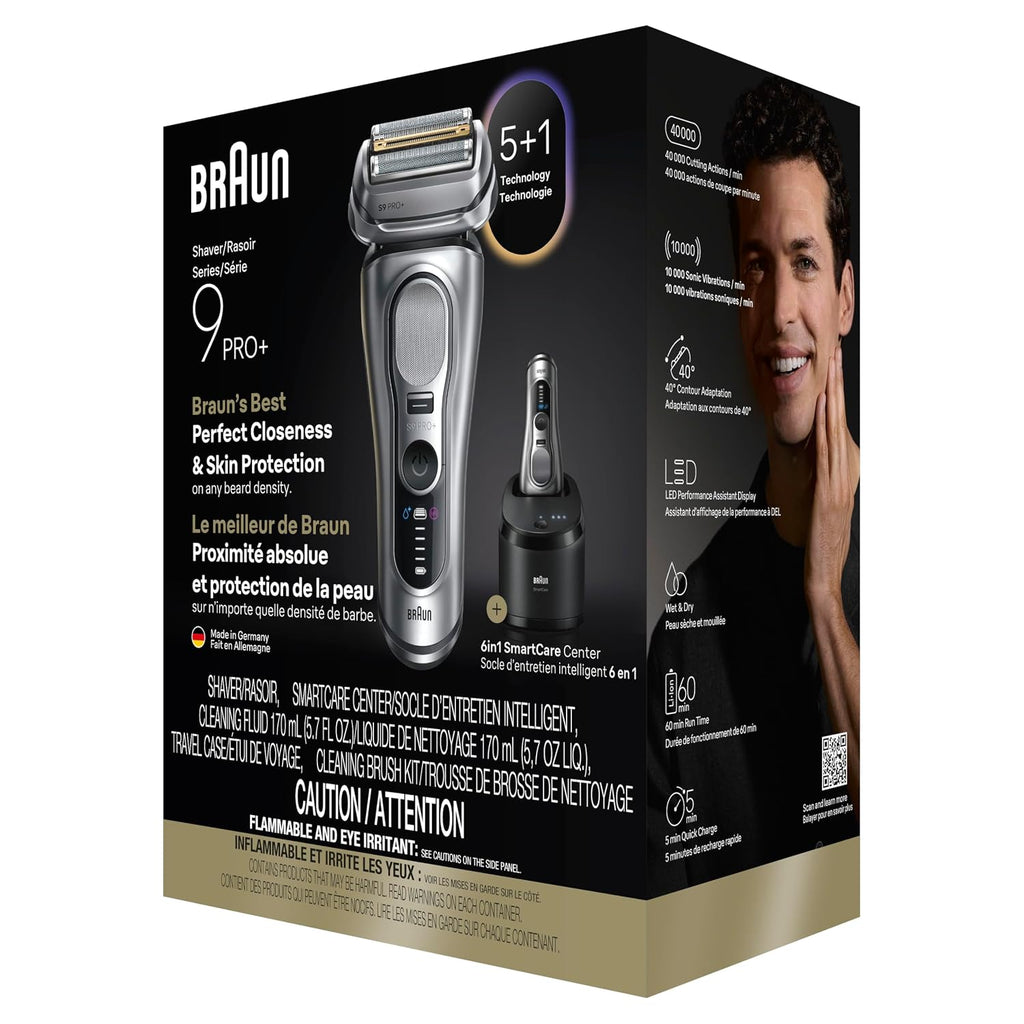 Braun Electric Razor for Men Series 9 PRO+ Electric Foil Shaver with Precision Trimmer and 6in1 SmartCare Center, Silver, 9667cc