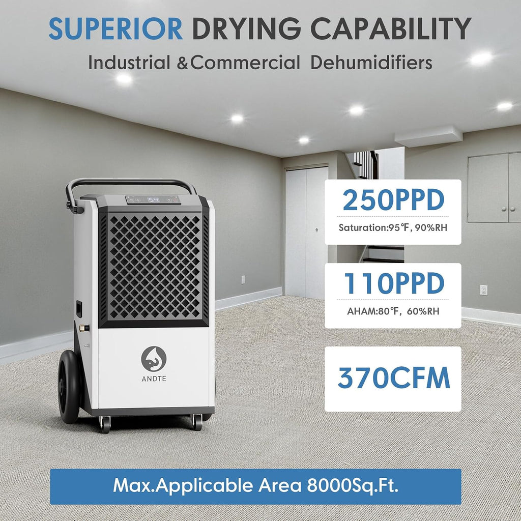 250 Pint Commercial Dehumidifier with Pump 8000sqft Industrial Basements Heavy Duty Commercial-grade Portable Dehumidifiers for Large Spaces,Warehouse Grow Room, Water Damage Restoration
