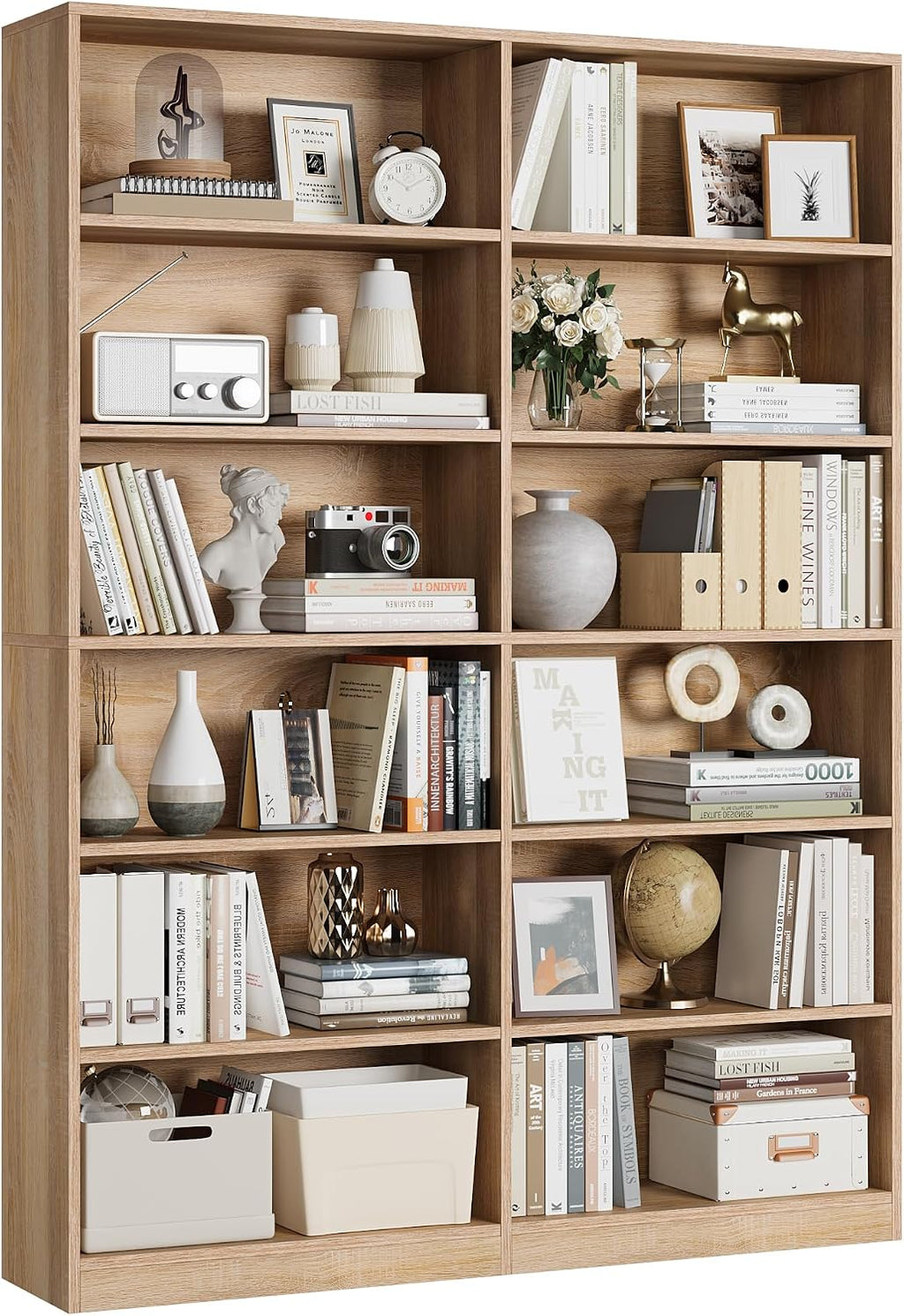 FACBOTALL Bookshelf and Bookcase, 6-Tier Double Wide Bookshelves,Freestanding Display Storage Shelves, Tall Bookcases for Home Decor Bedroom, Living Room, Home Office, Light Oak