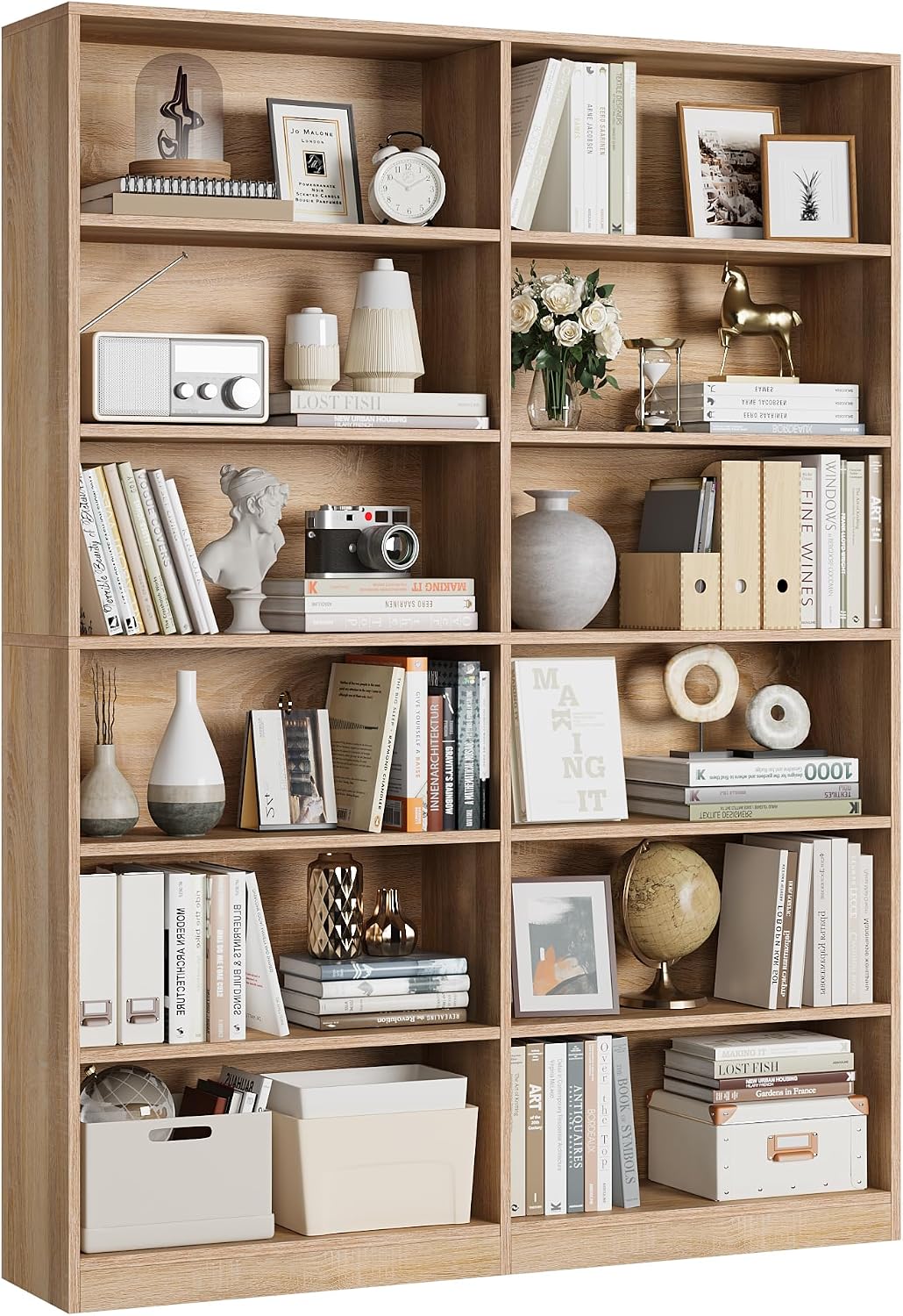 FACBOTALL Bookshelf and Bookcase, 6-Tier Double Wide Bookshelves,Freestanding Display Storage Shelves, Tall Bookcases for Home Decor Bedroom, Living Room, Home Office, Light Oak