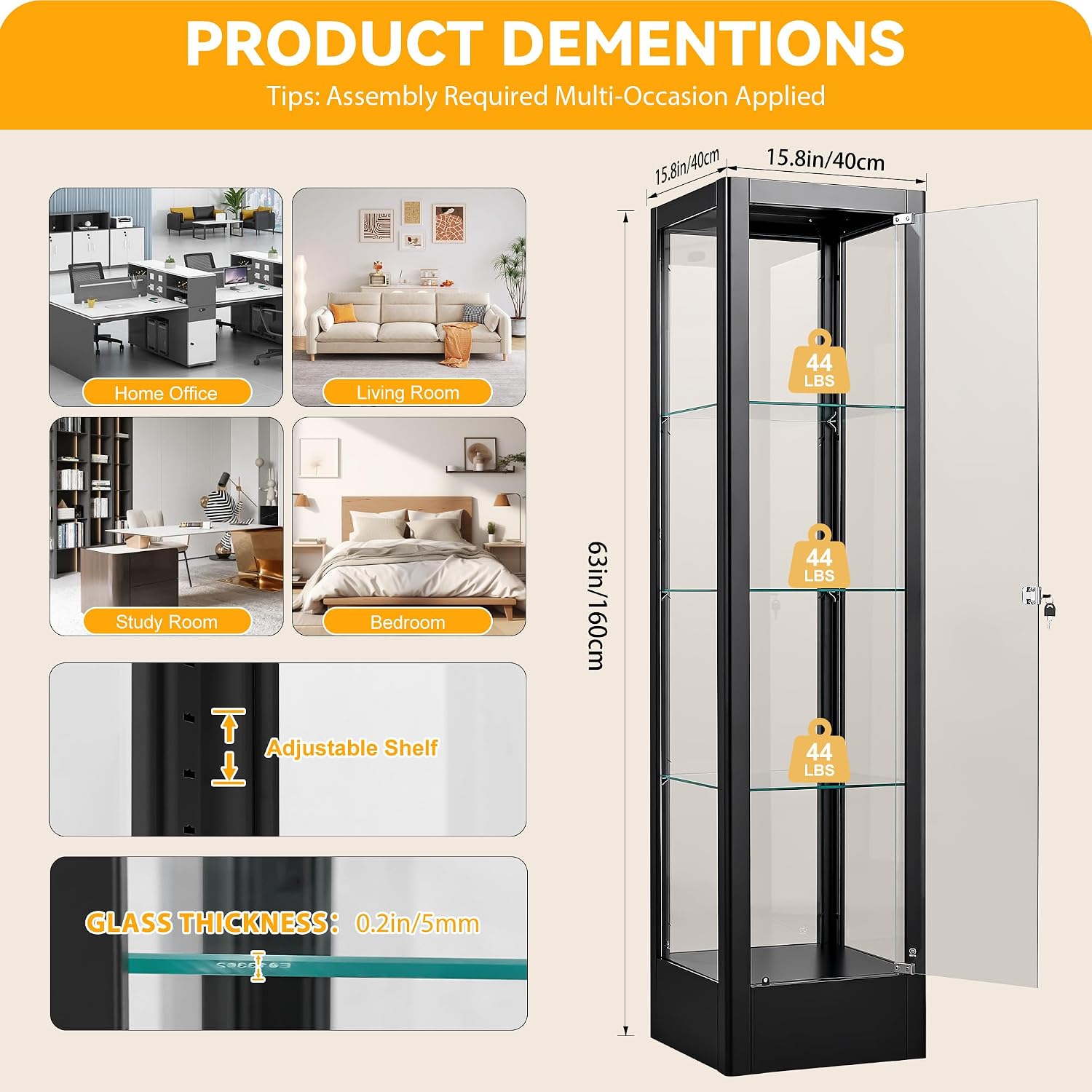 Foreate 4-Tier Glass Display Cabinet Case with 13 Colors Light & Lock, 63' Curio Cabinet with Glass Door & Adjustable Shelves, Thickened 5MM Tempered Glass Collectibles Display Case Bookshelf, Black