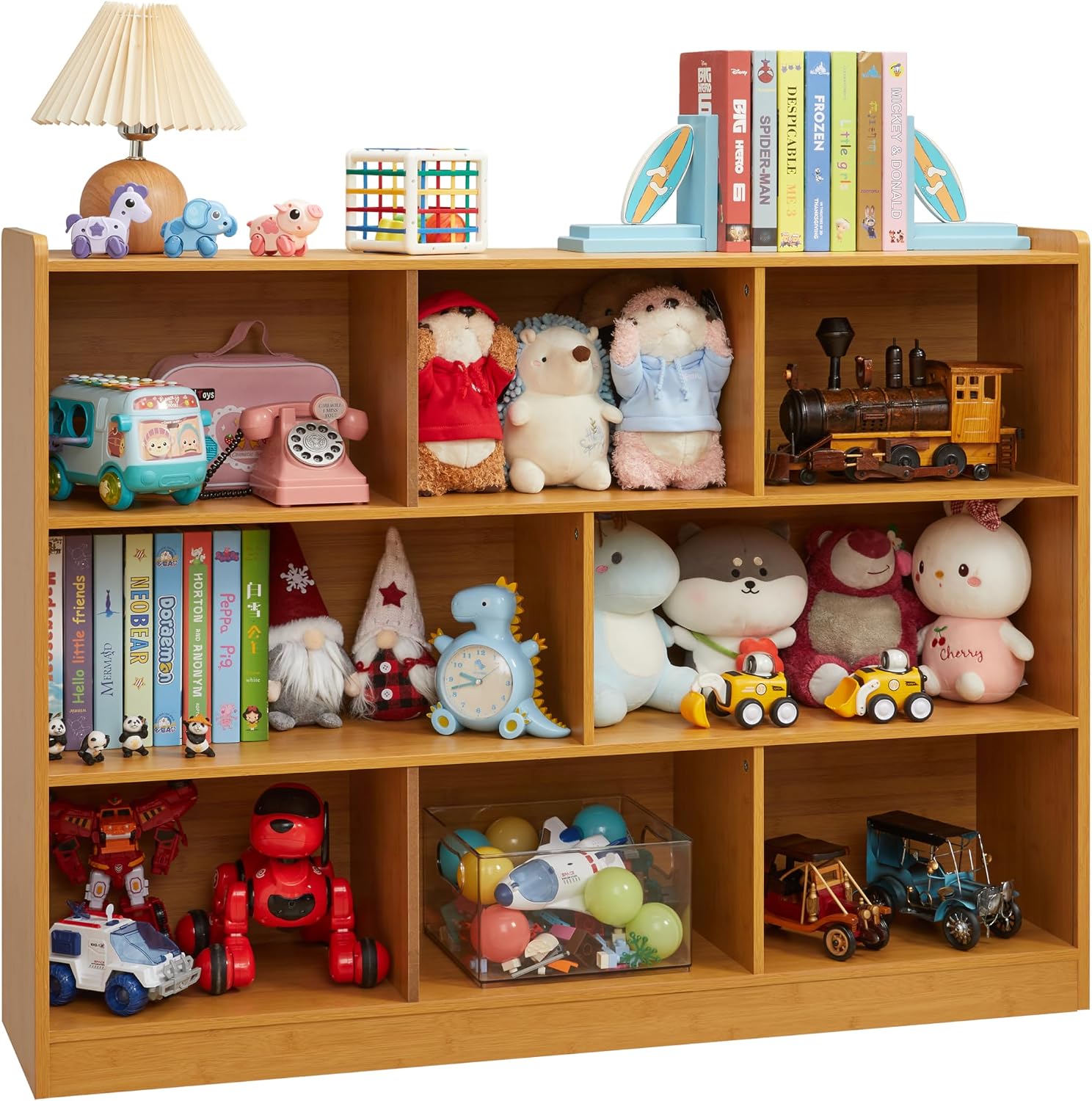 3-Tier Bookshelf, 8-Section Wooden Bookcase, Storage Organizer with Anti-Tilt Device, Modern Storage Display Cabinet for Living Room, Classroom, Kid's Room (Natural), FJHL-011YE