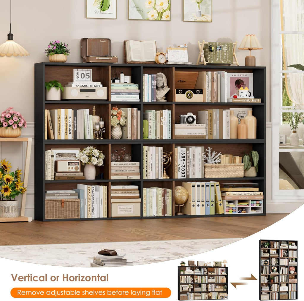 FOTOSOK 71'' Tall Bookshelf with 14 Cubes, 7 Tier Double Wide Wood Bookshelf with 6 Adjustable Shelves, 19.6' Narrow Bookcase DVD/CD Media Storage, Space Saving Display Shelf Cabinet, Black/Brown