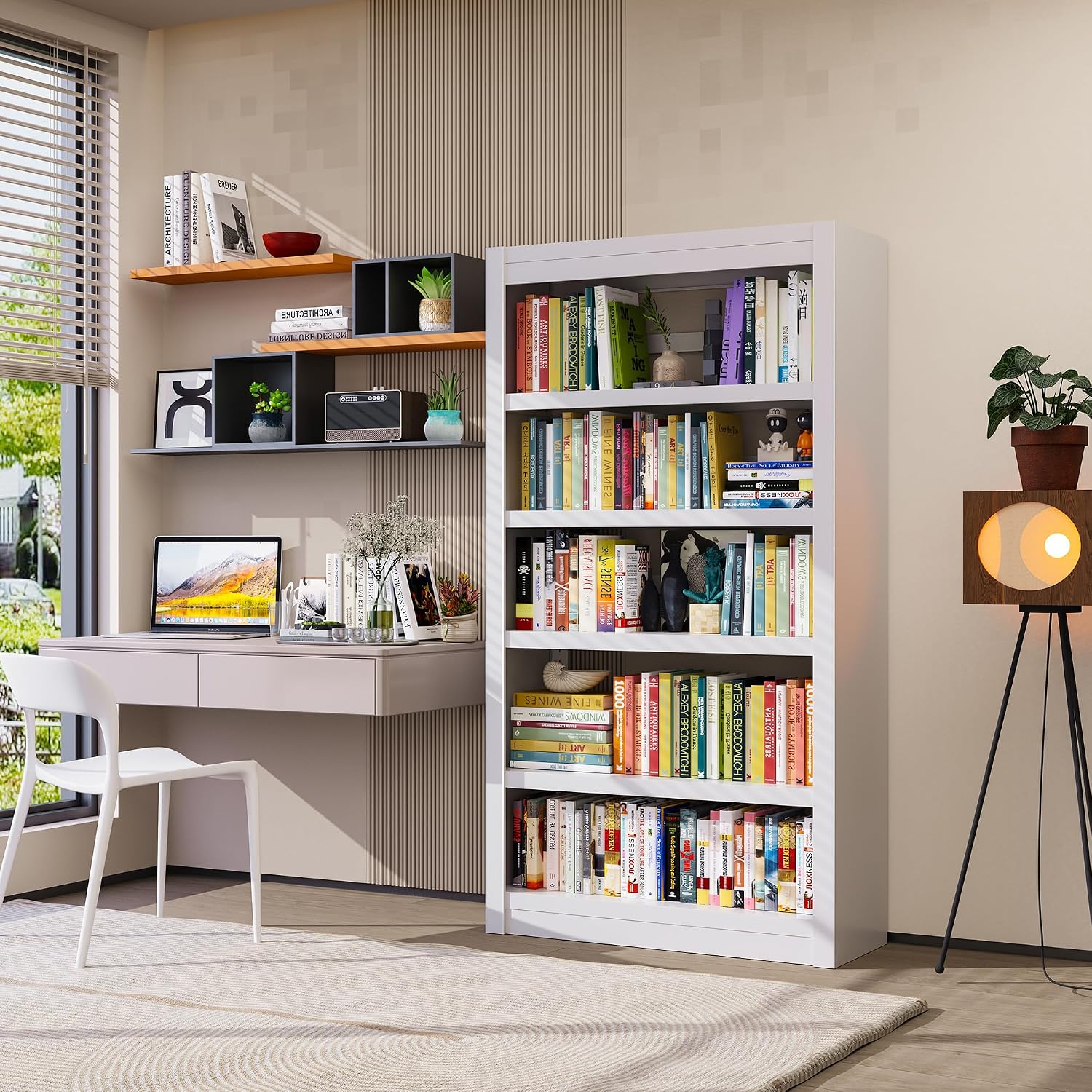 5 Tier White Bookshelf, 61' H Adjustable Bookshelf with Large Capacity, Suitable for Modern Storage Shelves in Living Rooms, Homes Offices, Garage, Sturdy Metal Bookshelf for Organizing