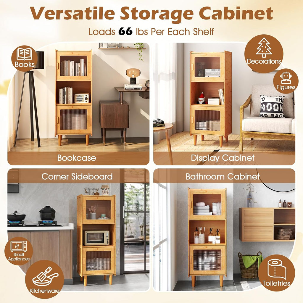 Giantex Set of 2 Bamboo Storage Cabinet, 3-Cube Bookcase, Freestanding Liquor Display Sideboard with 2 Single Doors, Corner Organizer for Living Room, Kitchen, Bathroom
