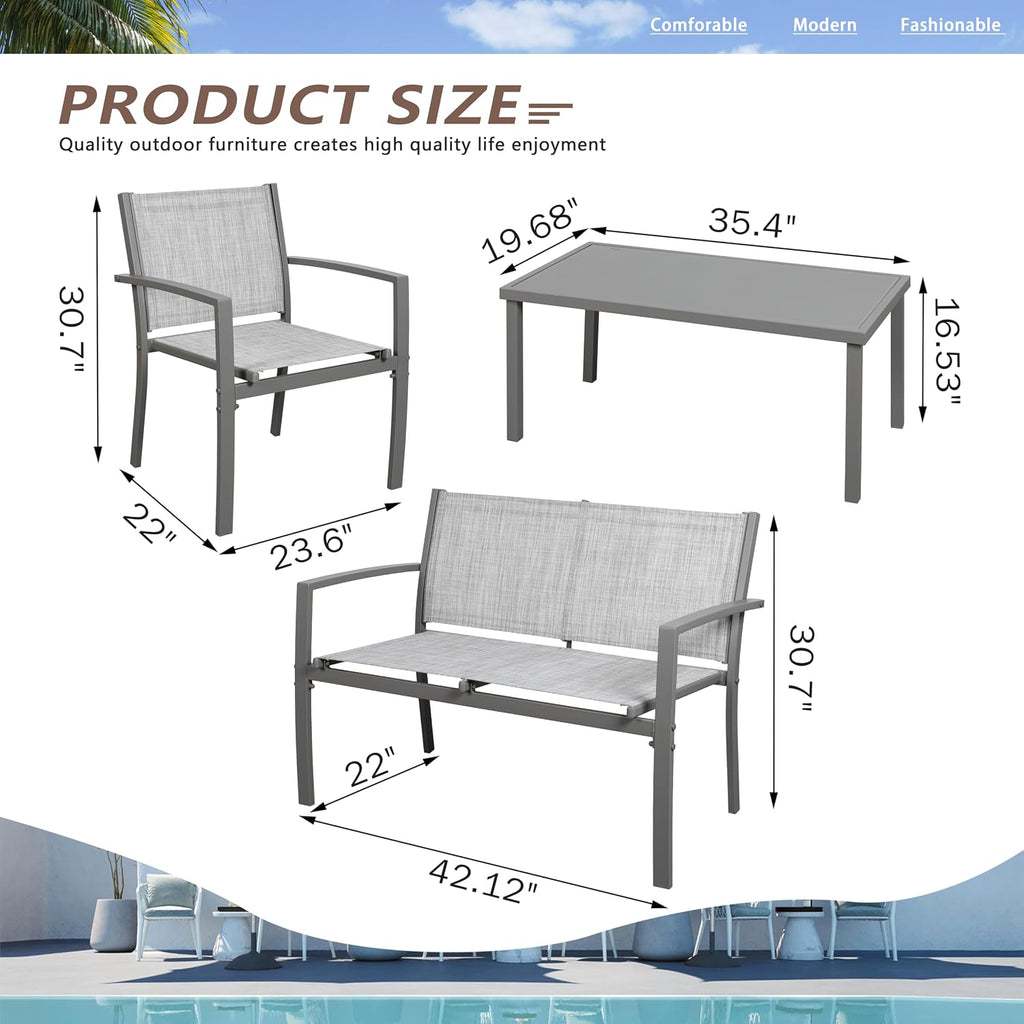Vongrasig 4 Pieces Patio Furniture Sets,Outdoor Patio Conversation Sets with Glass Coffee Table, Small Porch Balcony Furniture, Patio Table and Chairs Set for Garden, Backyard (Silver)