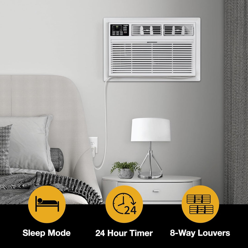 Whirlpool 8,000 BTU Through the Wall Air Conditioner, 115V, Cools up to 350 Sq. Ft. for Living Room, Bedroom, Kitchen with Dehumidifier and Remote Control, White