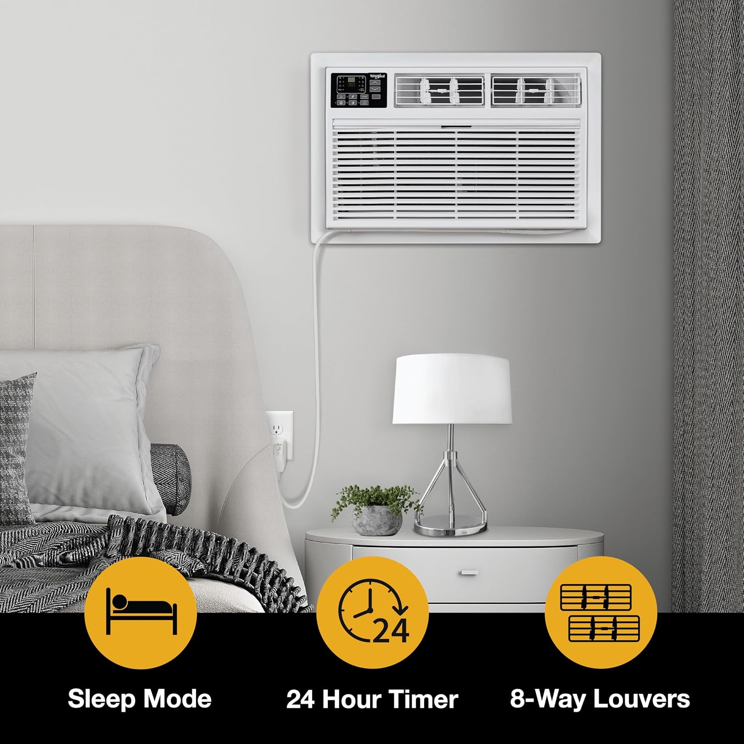 Whirlpool 8,000 BTU Through the Wall Air Conditioner, 115V, Cools up to 350 Sq. Ft. for Living Room, Bedroom, Kitchen with Dehumidifier and Remote Control, White
