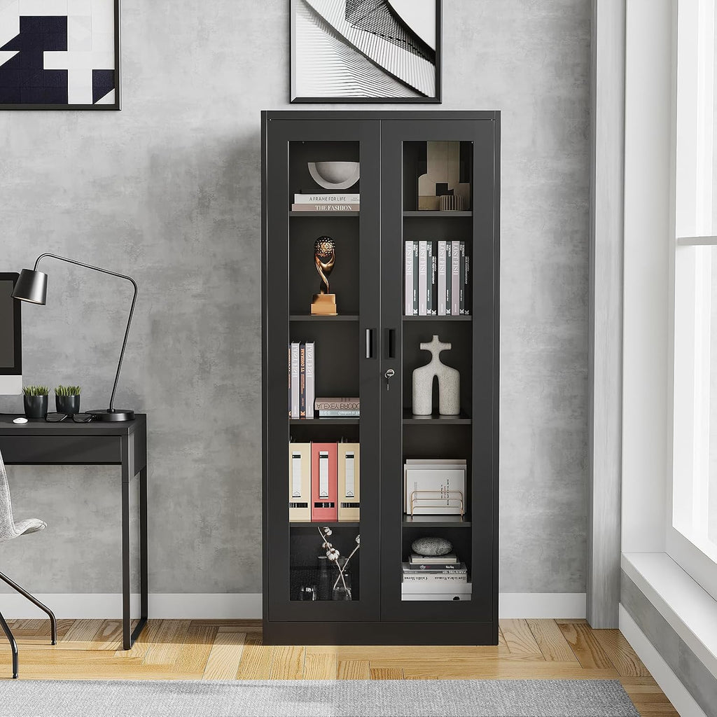 Display Cabinet with Glass Doors, Display Case Cabinet for Collectibles, Curio Display Cabinet with 4 Adjustable Shelves, 71'' Glass Display Cabinet for Home Office (Black), MSC-0818