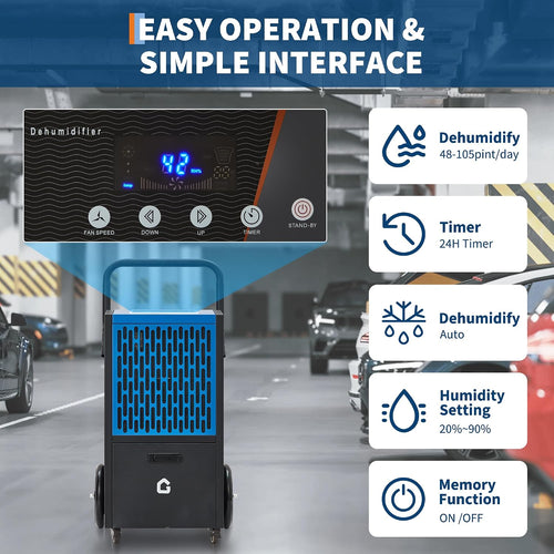 105 pt Commercial Dehumidifier for Basement, Large Dehumidifier with Drain Hose, Timer and 4 Wheels, Ideal for Flood Repair, Drying Basement, Warehouse and Factory, 110V/60Hz/520W, US Standard