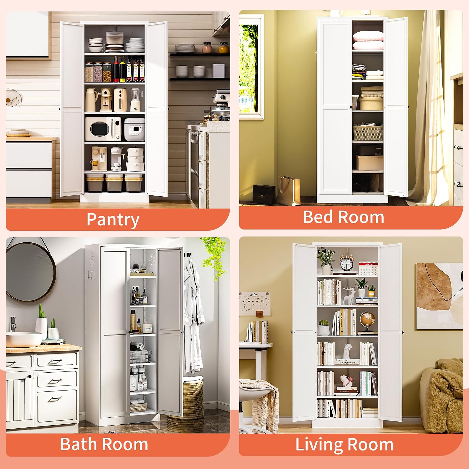 72' Kitchen Pantry Cabinet with 2 Doors and 5 Shelves,White Metal Garage Storage Cabinets,Freestanding Steel Tool Cabinet Utility Cabinets Cupboard for Kitchen,Living,Dining Room,Bathroom
