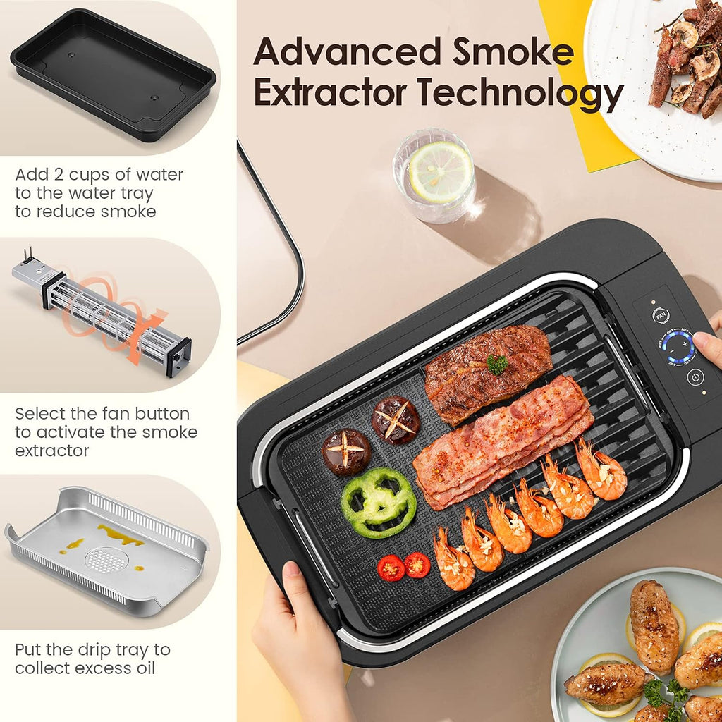 Indoor Grill-Smokeless BBQ Grill with Die-Casting Nonstick Griddle Pan,Led Temperature Control, Turbo Smoke Extractor Technology,15*9 Grilling Surface, Detachable Design,Ideal for 2 People, Black.