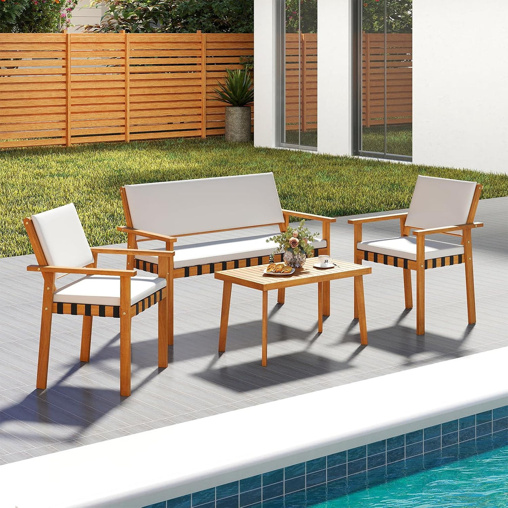 Tangkula 4 Pieces Wood Patio Furniture Set, Outdoor Acacia Wood Cuhioned Conversation Set with Coffee Table, for Backyard,Porch,Garden,Lawn