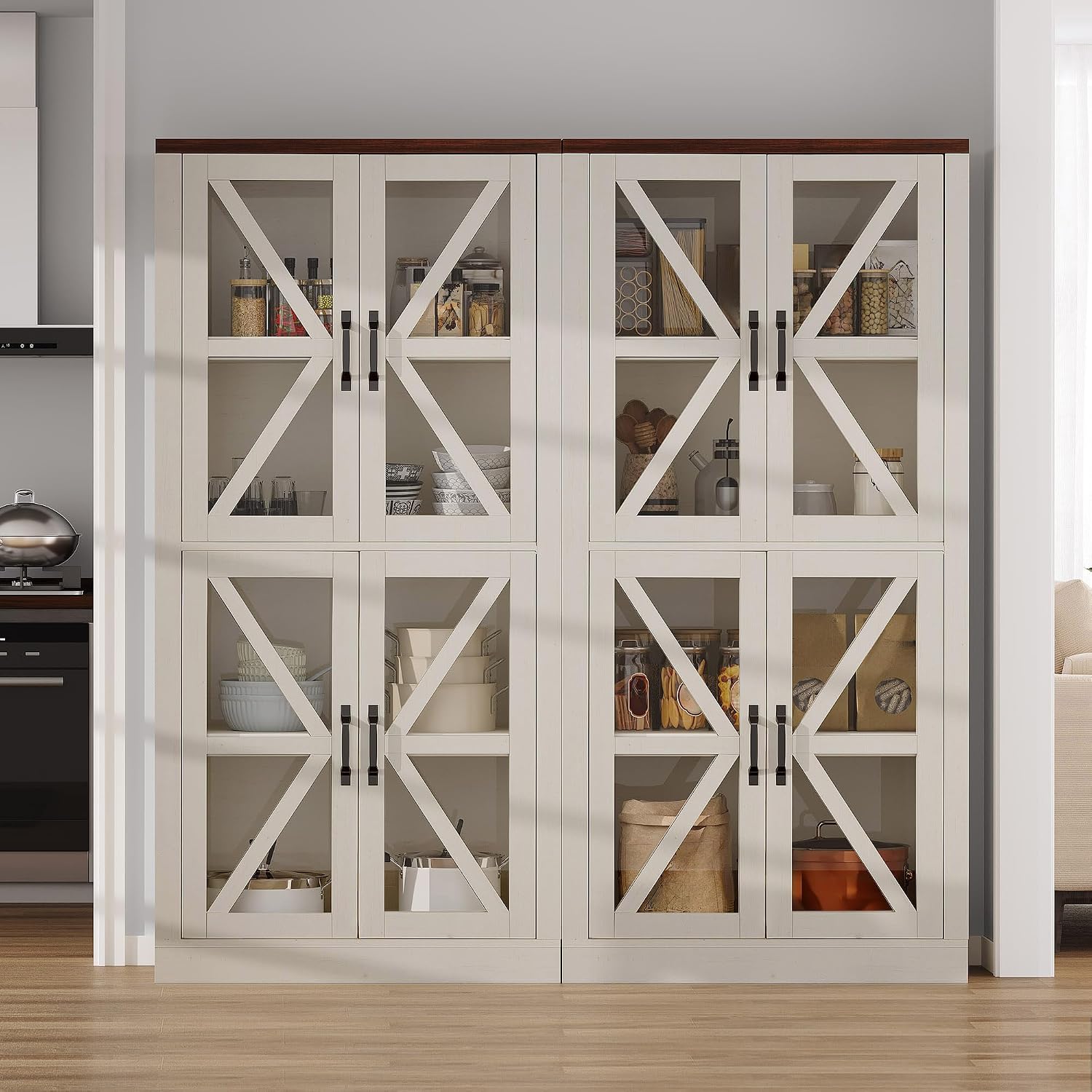 DWVO 66' Storage Cabinet, Tall Bookshelf Display Cabinet, 4 Shelves Curio Cabinet with Tempered Glass Doors, Trophy Display Case for Living Room and Dinning Room, White