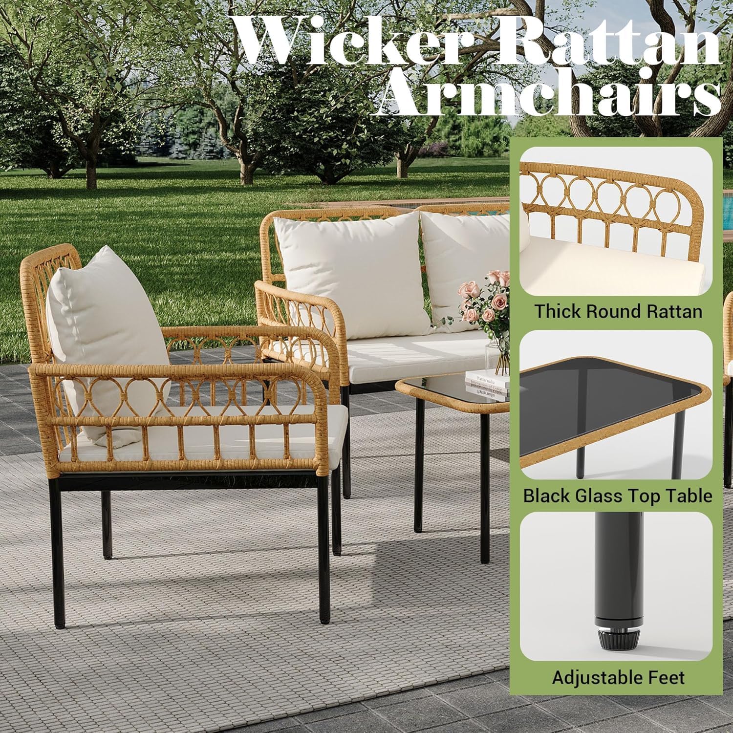 4-Piece All-Weather Rattan Bistro Patio Furniture Set with Deep Seating, Waterproof Thick Cushions, Soft Cushions, and Metal Coffee Table - Ideal for Garden and Porch Outdoor Relaxation