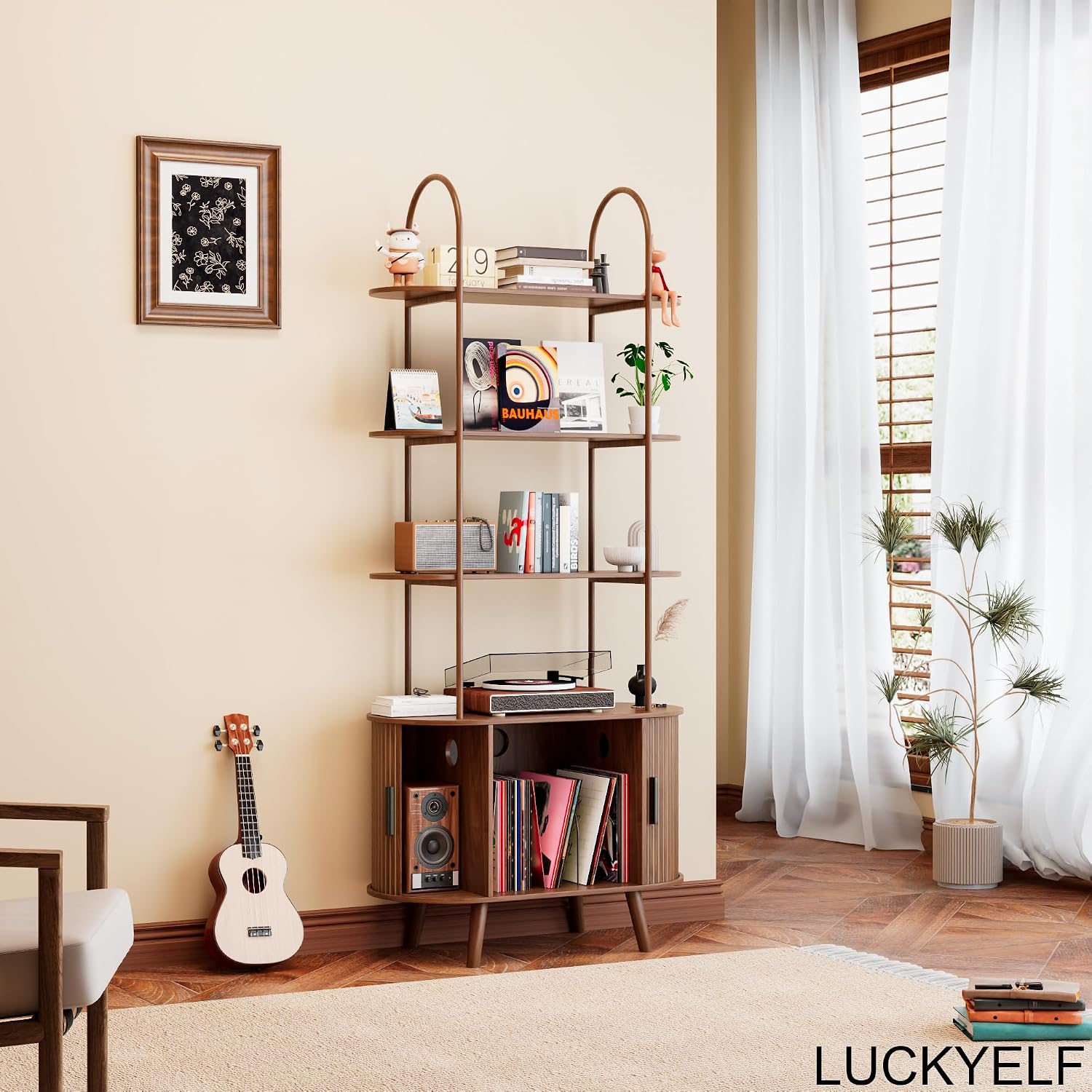 Tall Vinyl Record Player Stand, 4 Tier Arched Bookshelf with Sliding Doors, Retro Small Record Storage Cabinet, Fluted Media Display Shelf, Mid Century Modern Turntable Stand for Living Room, Walnut