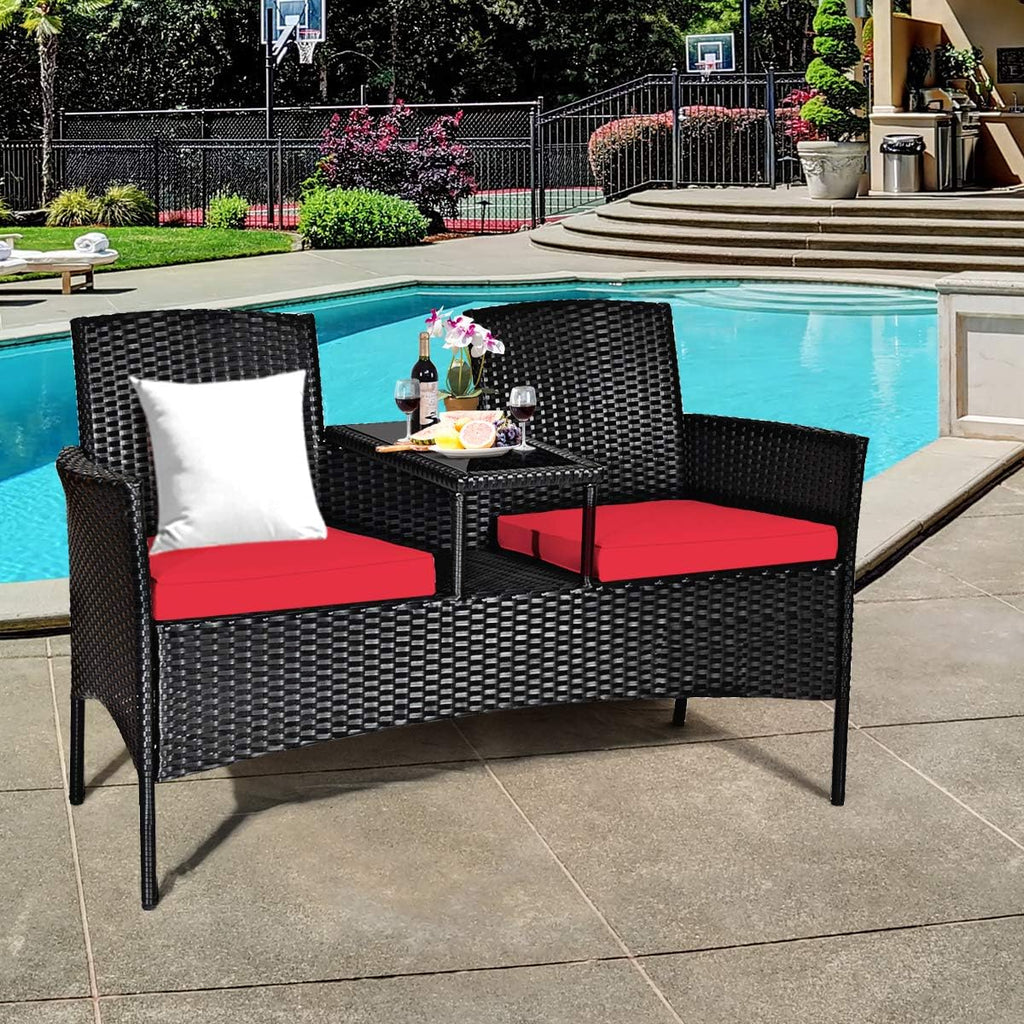 Tangkula Wicker Patio Conversation Furniture Set, Outdoor Furniture Set with Removable Cushions & Table, Tempered Glass Top, Modern Rattan Bench for Garden Lawn Backyard
