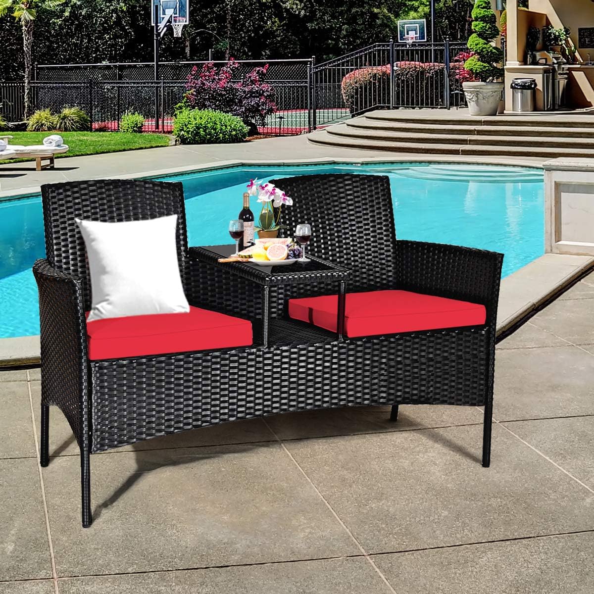 Tangkula Wicker Patio Conversation Furniture Set, Outdoor Furniture Set with Removable Cushions & Table, Tempered Glass Top, Modern Rattan Bench for Garden Lawn Backyard