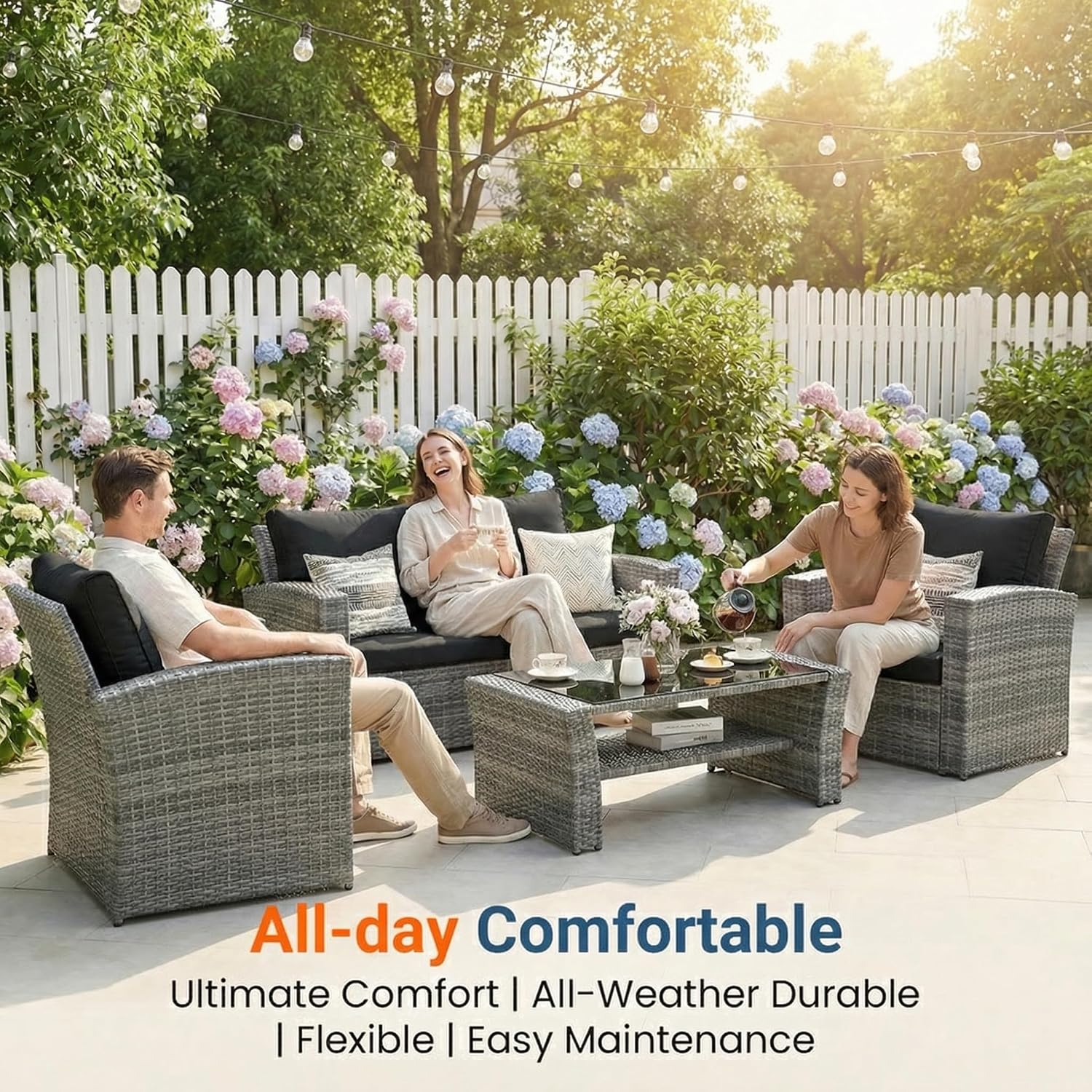 Wisteria Lane Patio Furniture Set, Wicker Outside Outdoor Furniture for All Weather, Patio Sofa with High Backrest Support and Wide Armrest for Backyard, Balcony, Deck, Porch, Black
