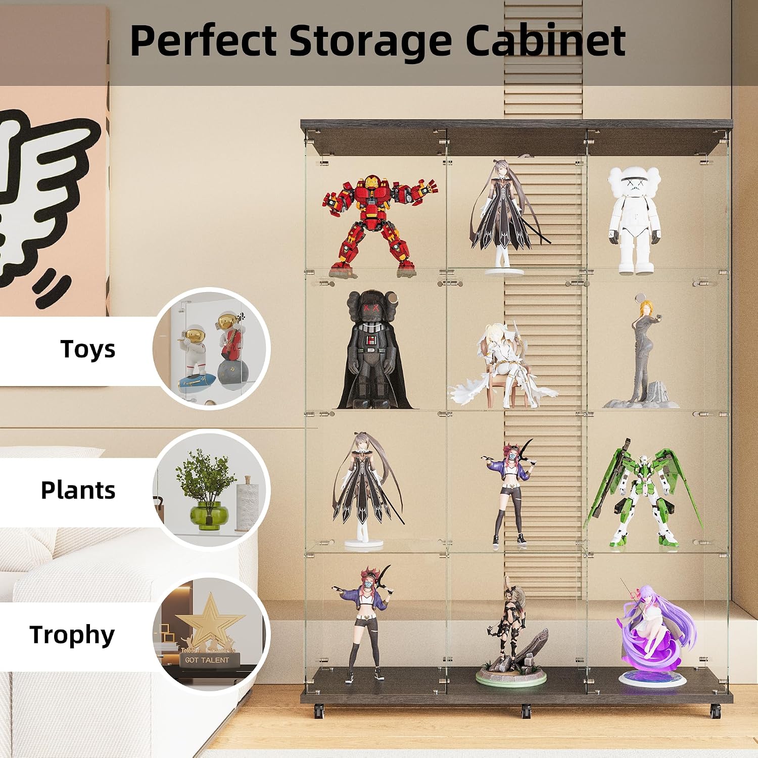 Beauty4U Glass Display Cabinet with 12 Shelves, Extra Large 3 Columns 2 Doors Curio Cabinets for Living Room, Bedroom, Office, Black Floor Standing DIY Glass Bookshelf, Quick Installation
