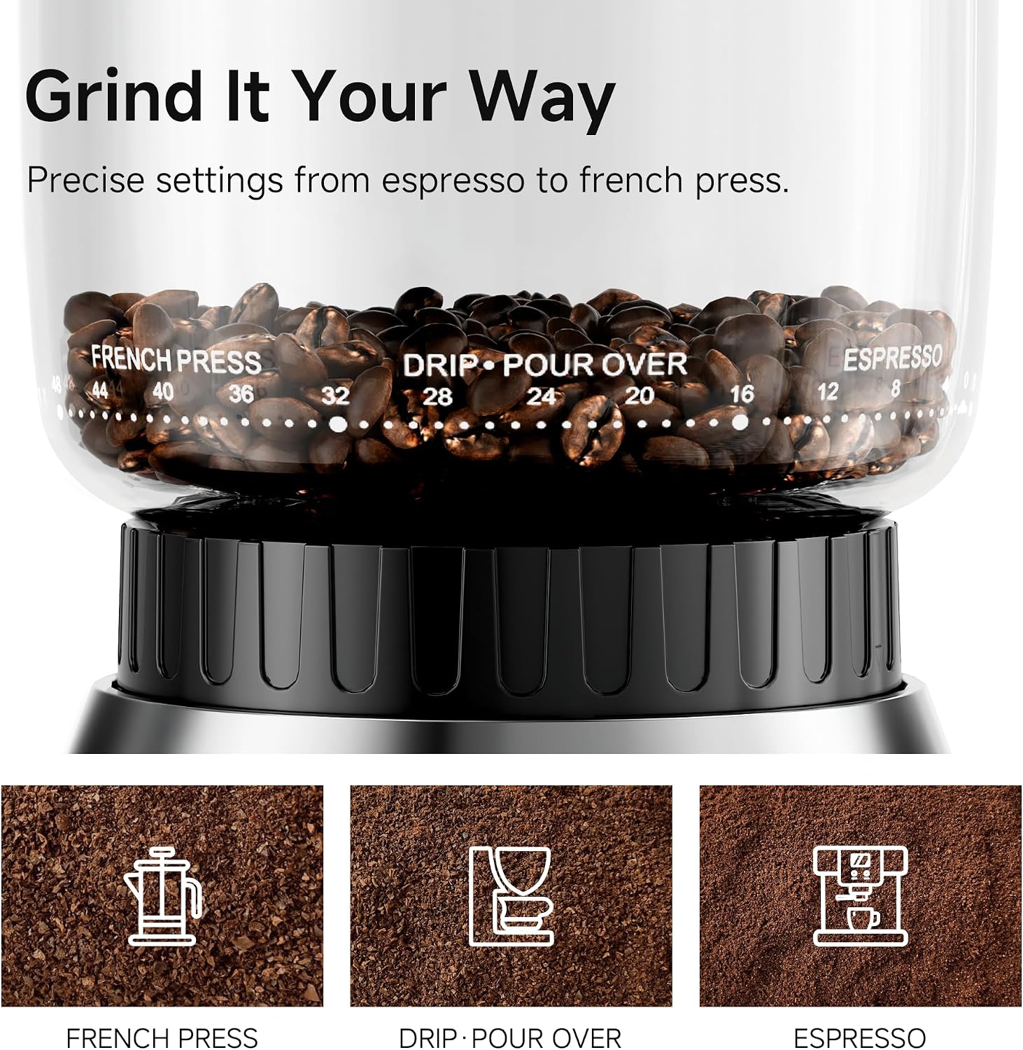 HiBREW G7 Electric Coffee Grinder - 48 Precise Grind Settings for Espresso/Pour Over/French Press, Large Capacity Bean Hopper, Portion Control & Anti-Static, Conical Burr Mill for Fresh Ground Coffee