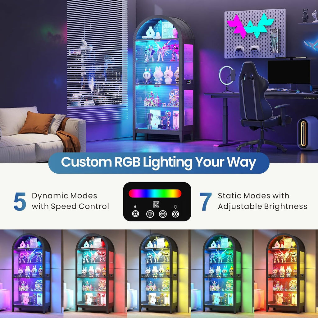 WOOVIVS Glass Display Cabinet with RGB Lights, 69' Tall Curio Cabinet with Rebound Tempered Glass Door, 5-Tier Adjustable Display Case for Living Room (Black)